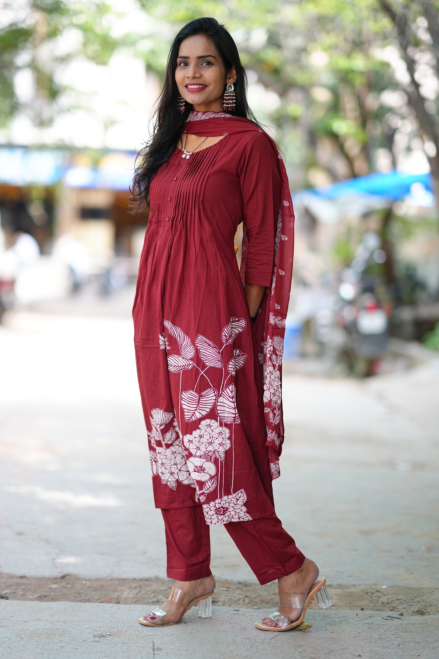 Maroon Color Jaipur Cotton A Line 3 Piece Set