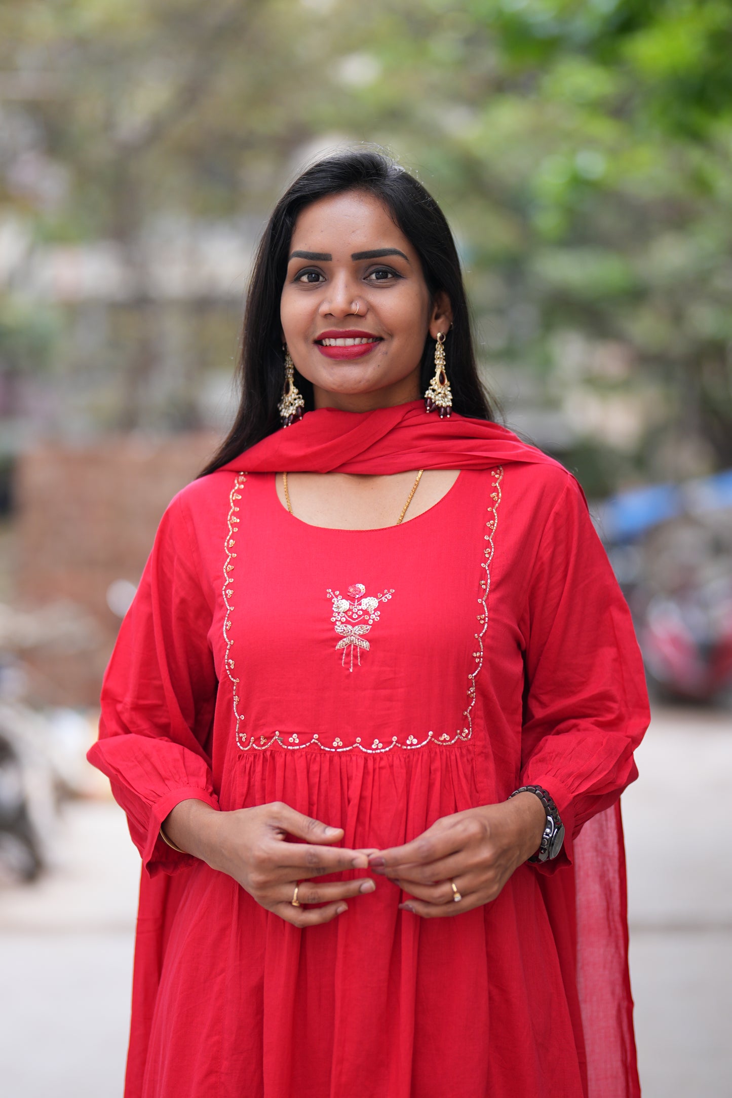 Red Color Mul Cotton 3 Piece Set with Maggam Work