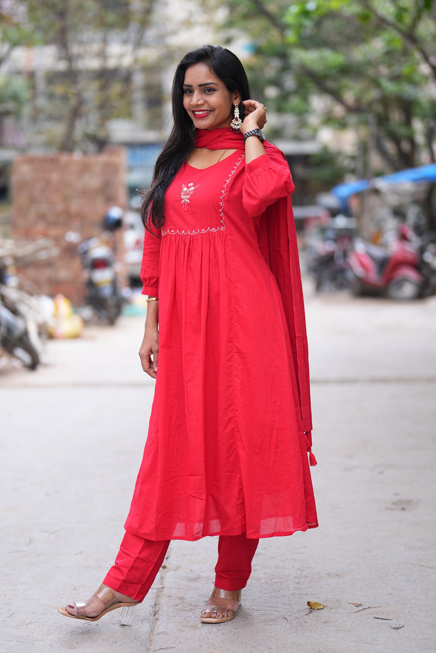 Red Color Mul Cotton 3 Piece Set with Maggam Work