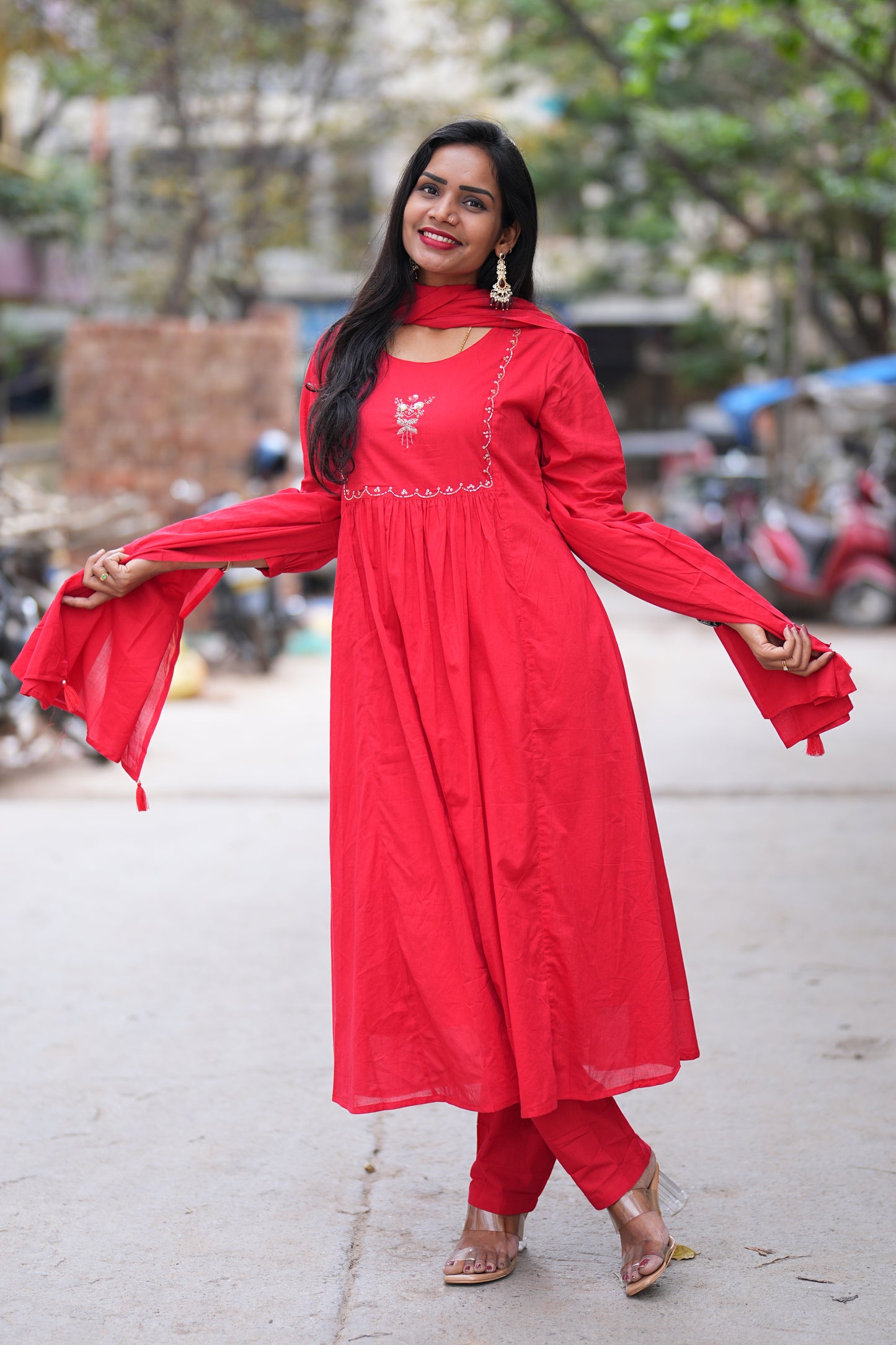 Red Color Mul Cotton 3 Piece Set with Maggam Work