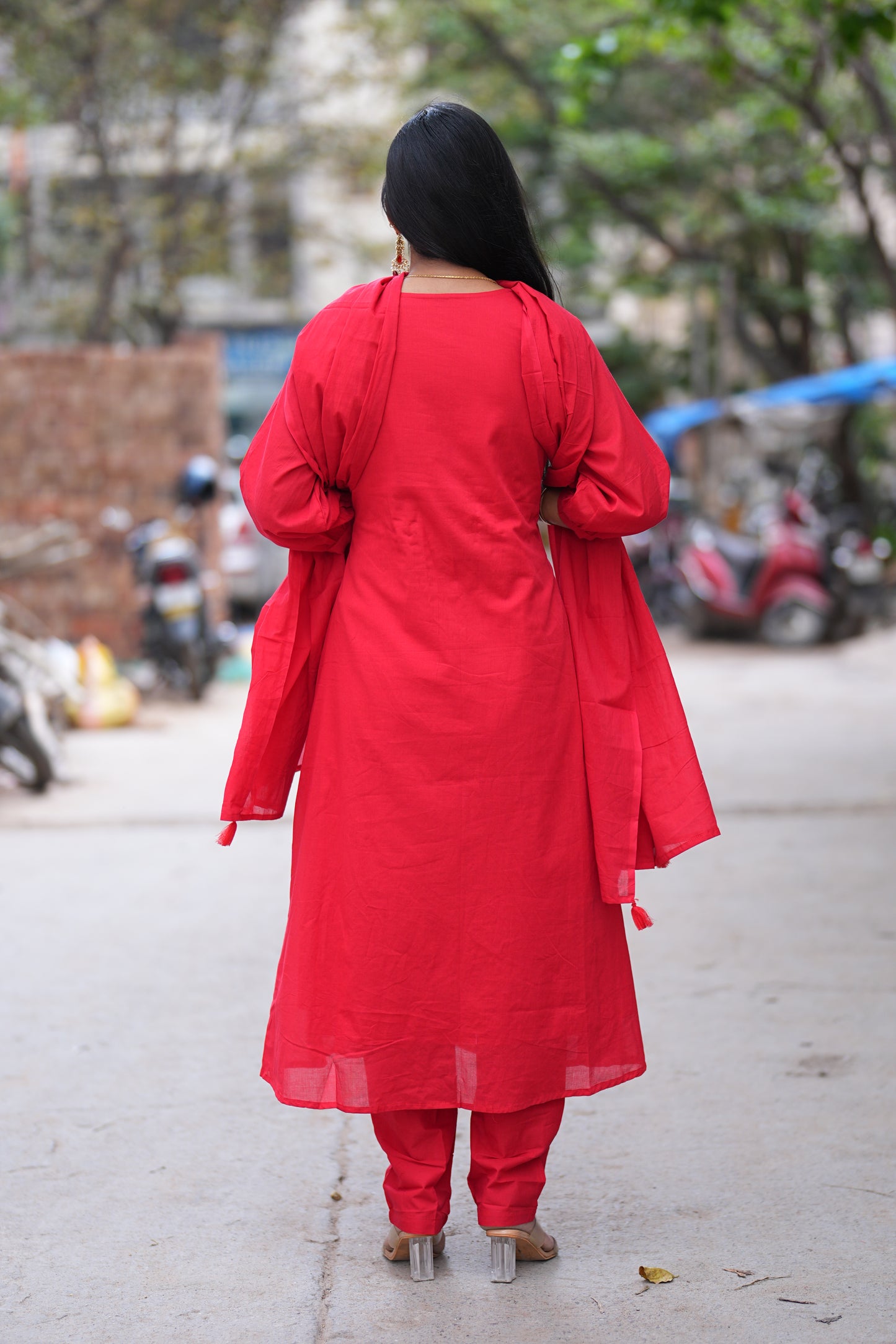 Red Color Mul Cotton 3 Piece Set with Maggam Work