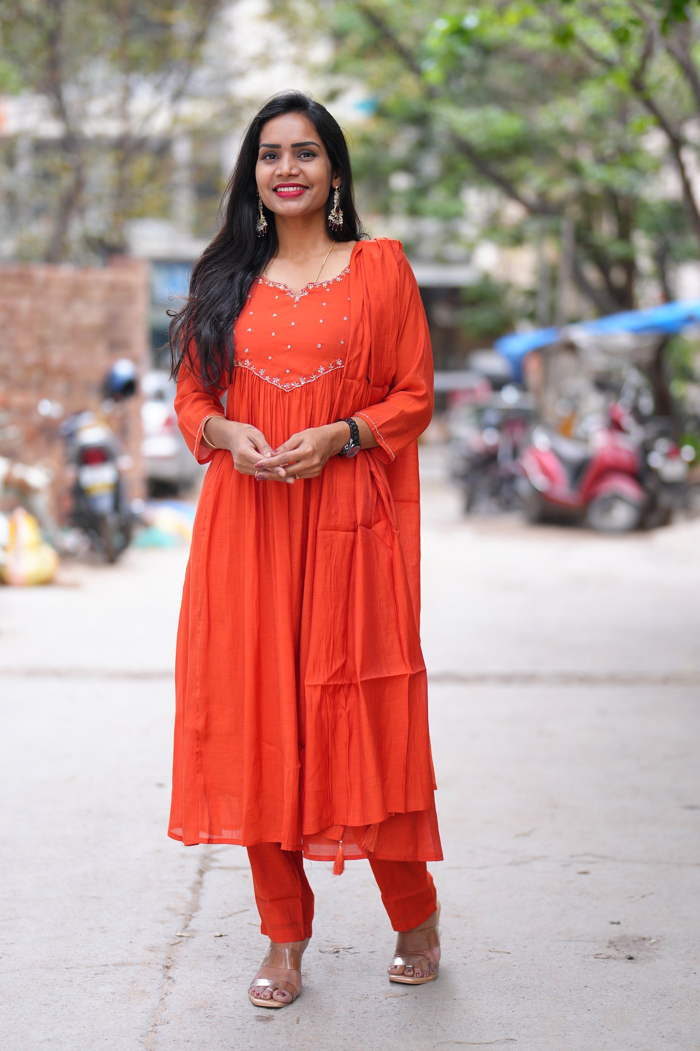 Orange Color Mul chanderi 3 Piece set With Gota patti work