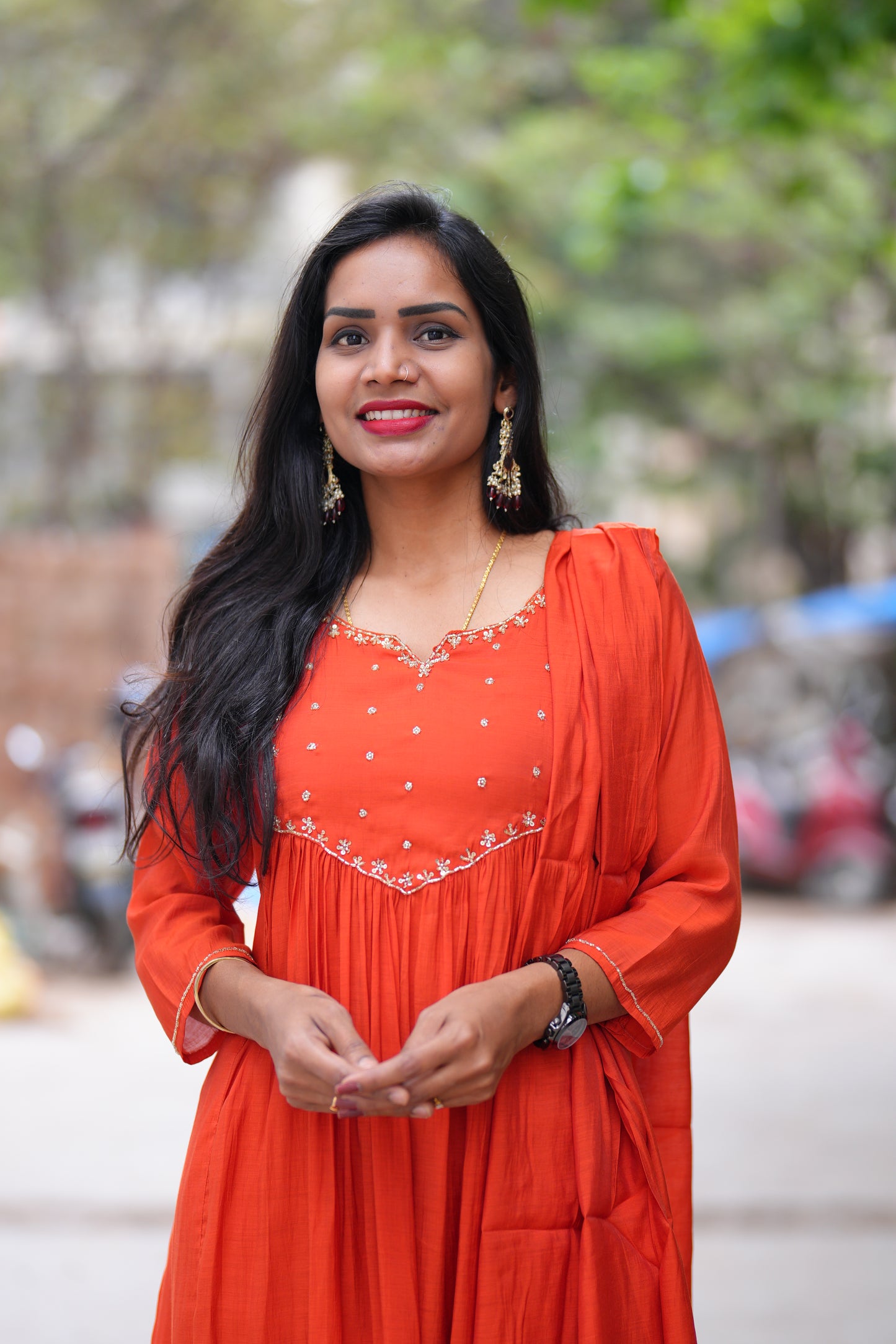 Orange Color Mul chanderi 3 Piece set With Gota patti work