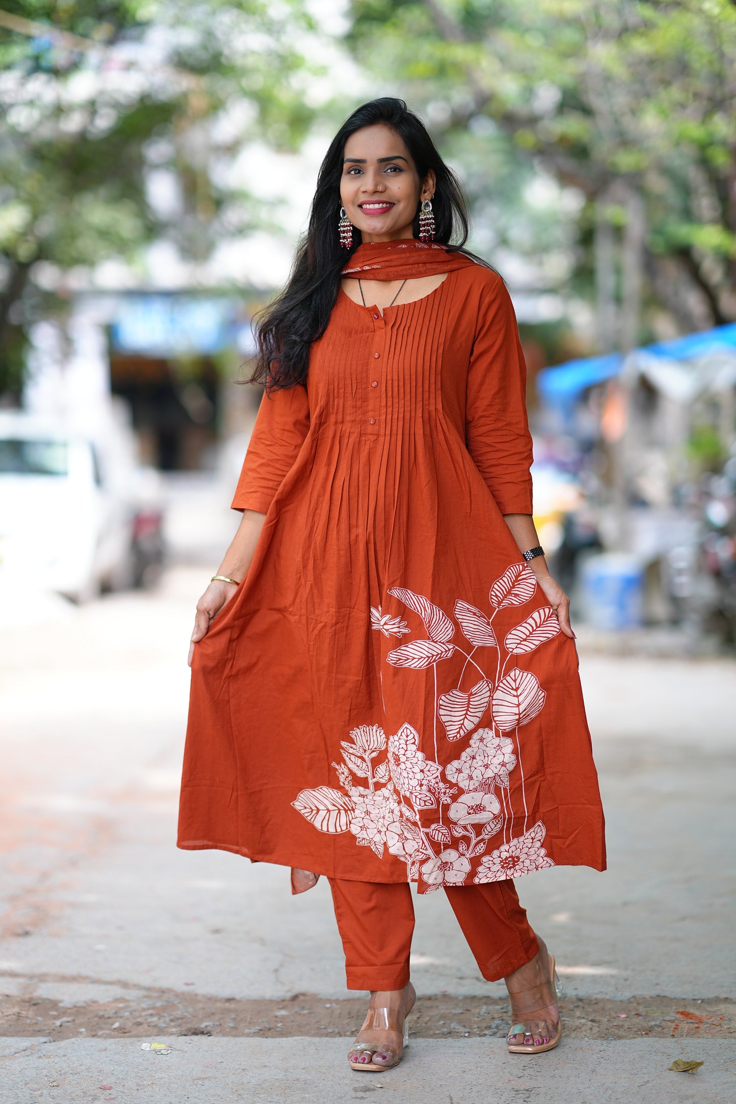 Rust Orange Jaipur Cotton A Line 3 Piece Set
