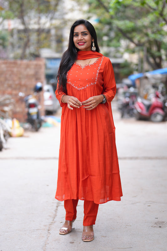 Orange Color Mul chanderi 3 Piece set With Gota patti work