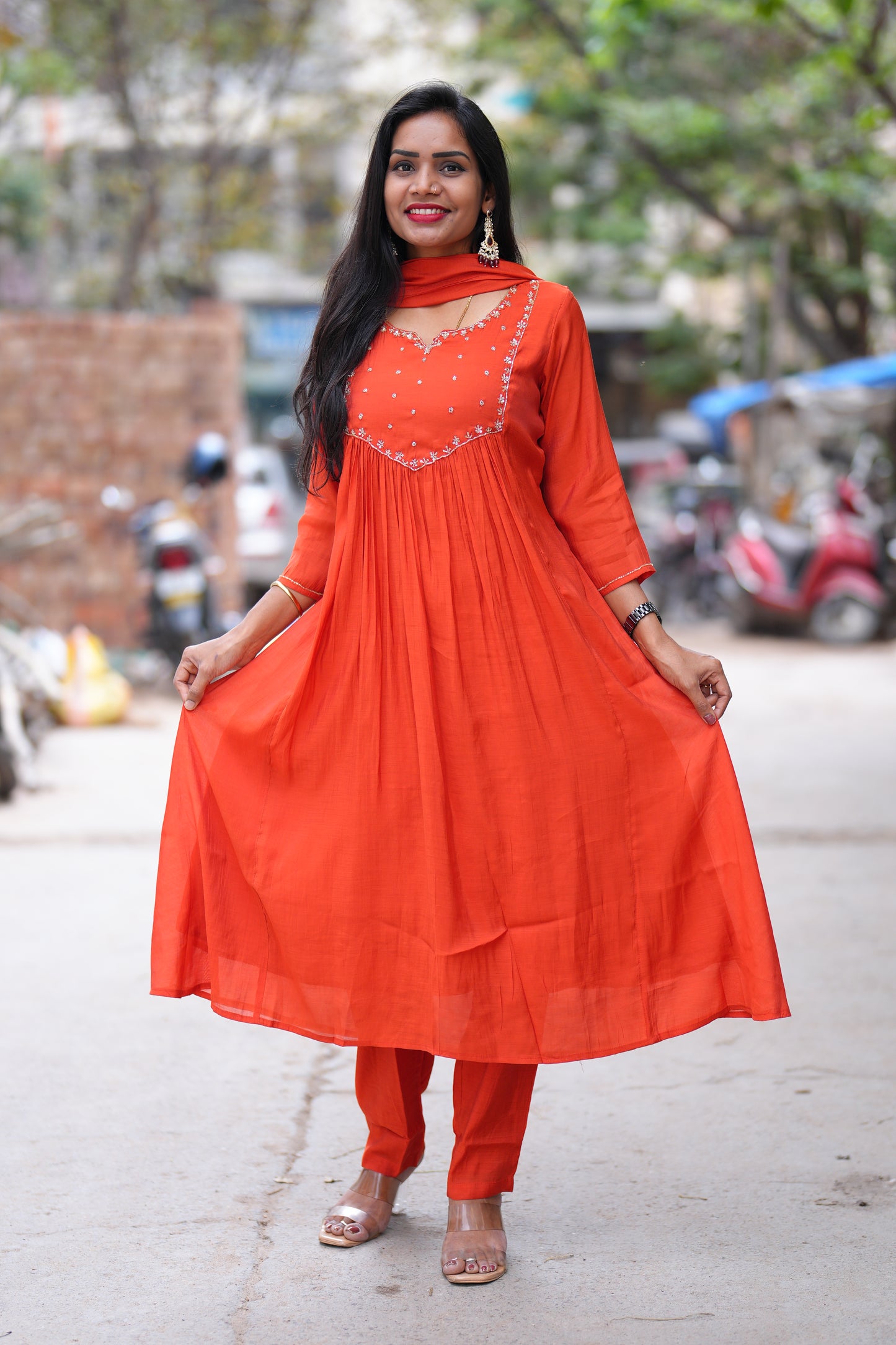 Orange Color Mul chanderi 3 Piece set With Gota patti work