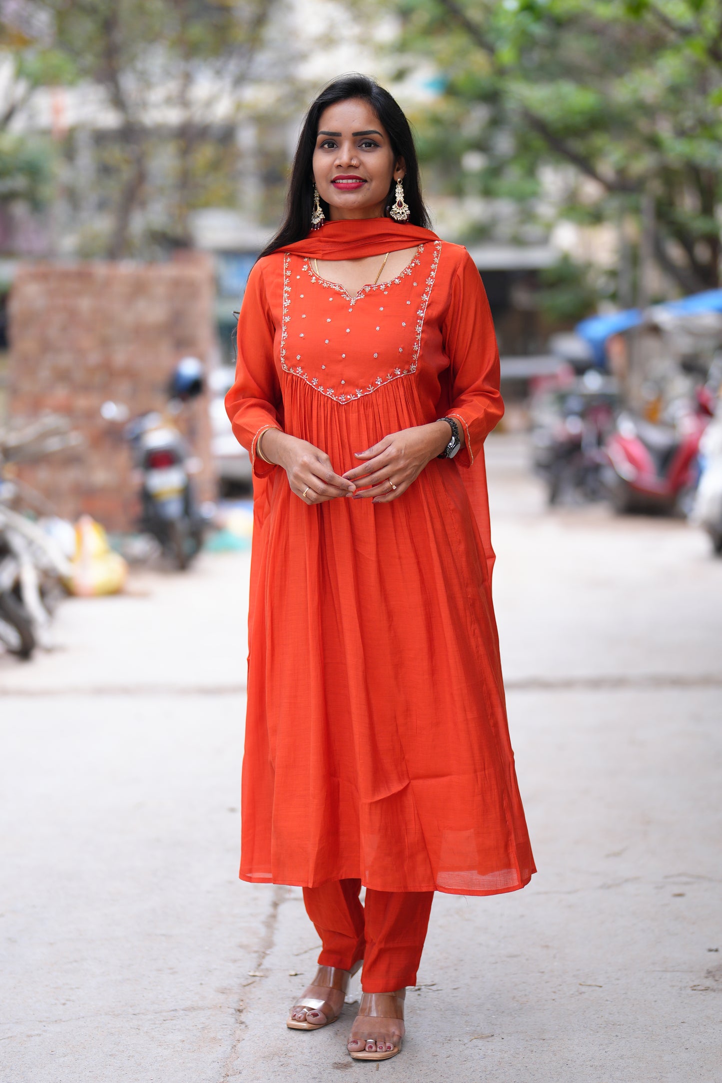 Orange Color Mul chanderi 3 Piece set With Gota patti work