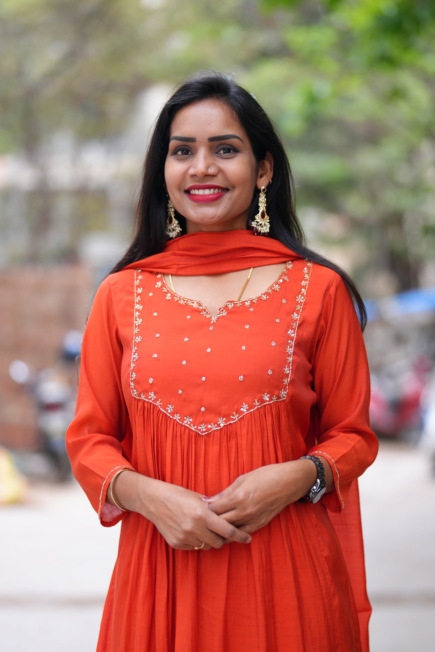 Orange Color Mul chanderi 3 Piece set With Gota patti work