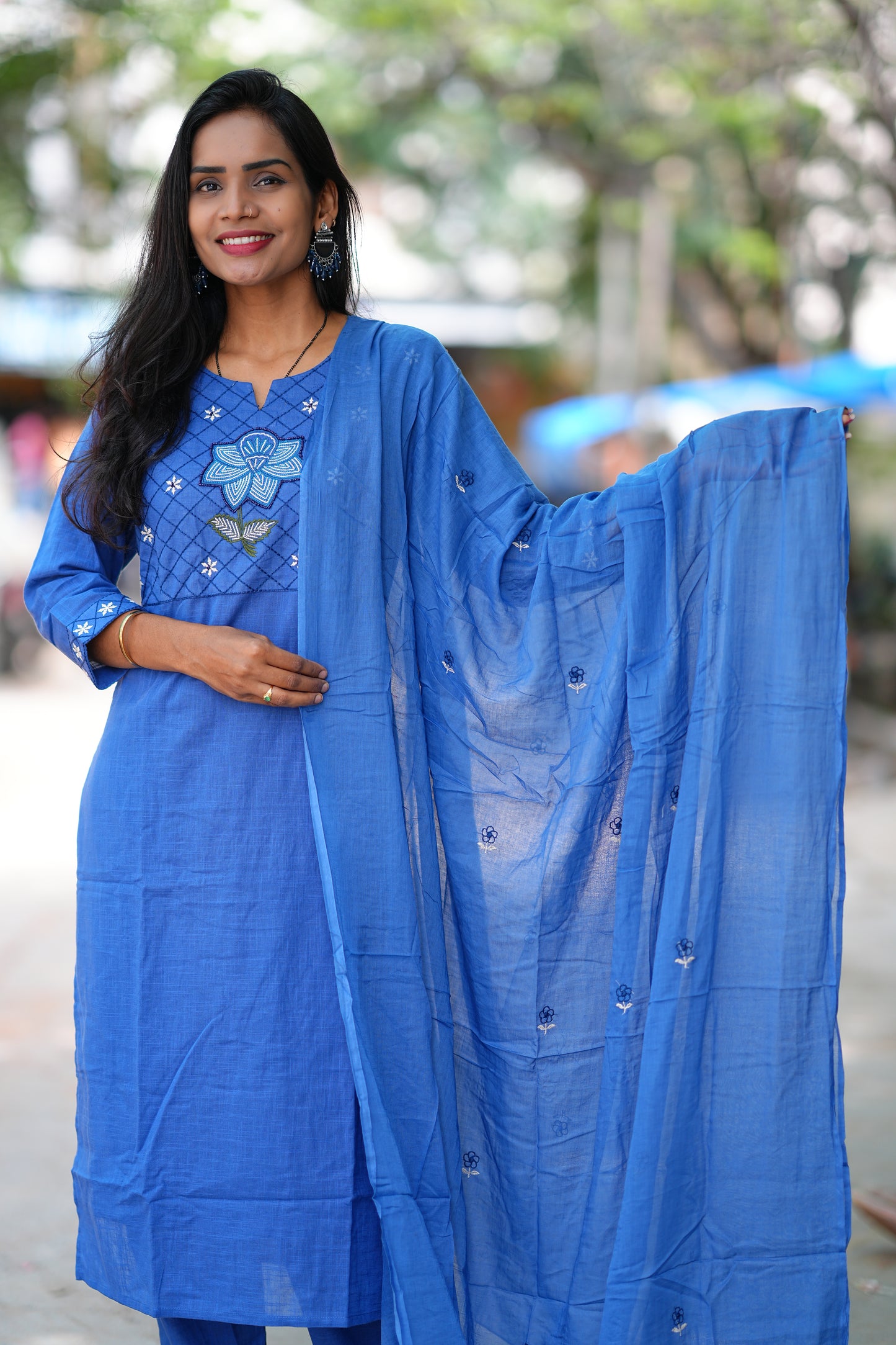 Indigo Blue Pure Jaipur Slub Cotton Thread Embriodary 3 Piece Set with Complete Lining