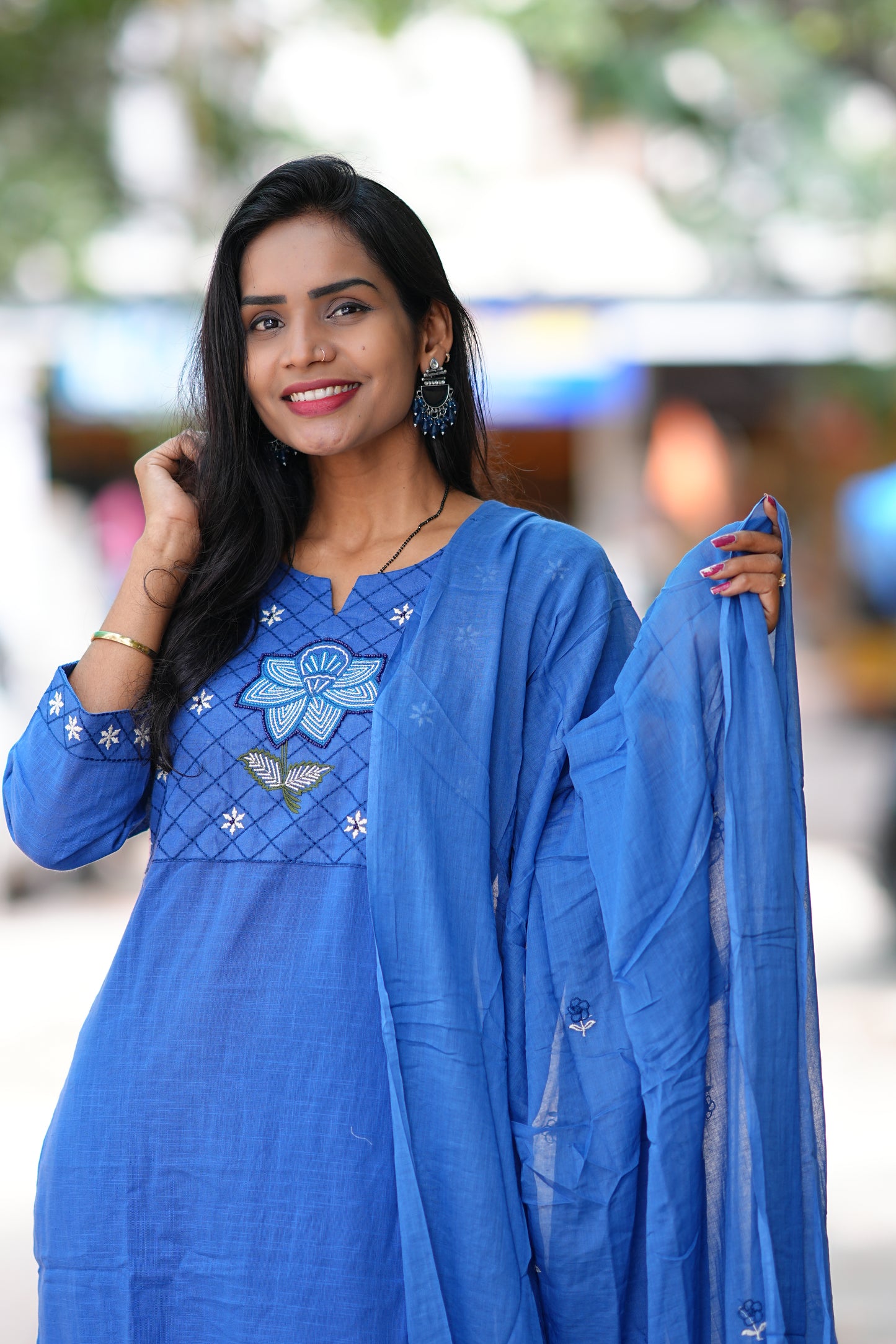 Indigo Blue Pure Jaipur Slub Cotton Thread Embriodary 3 Piece Set with Complete Lining