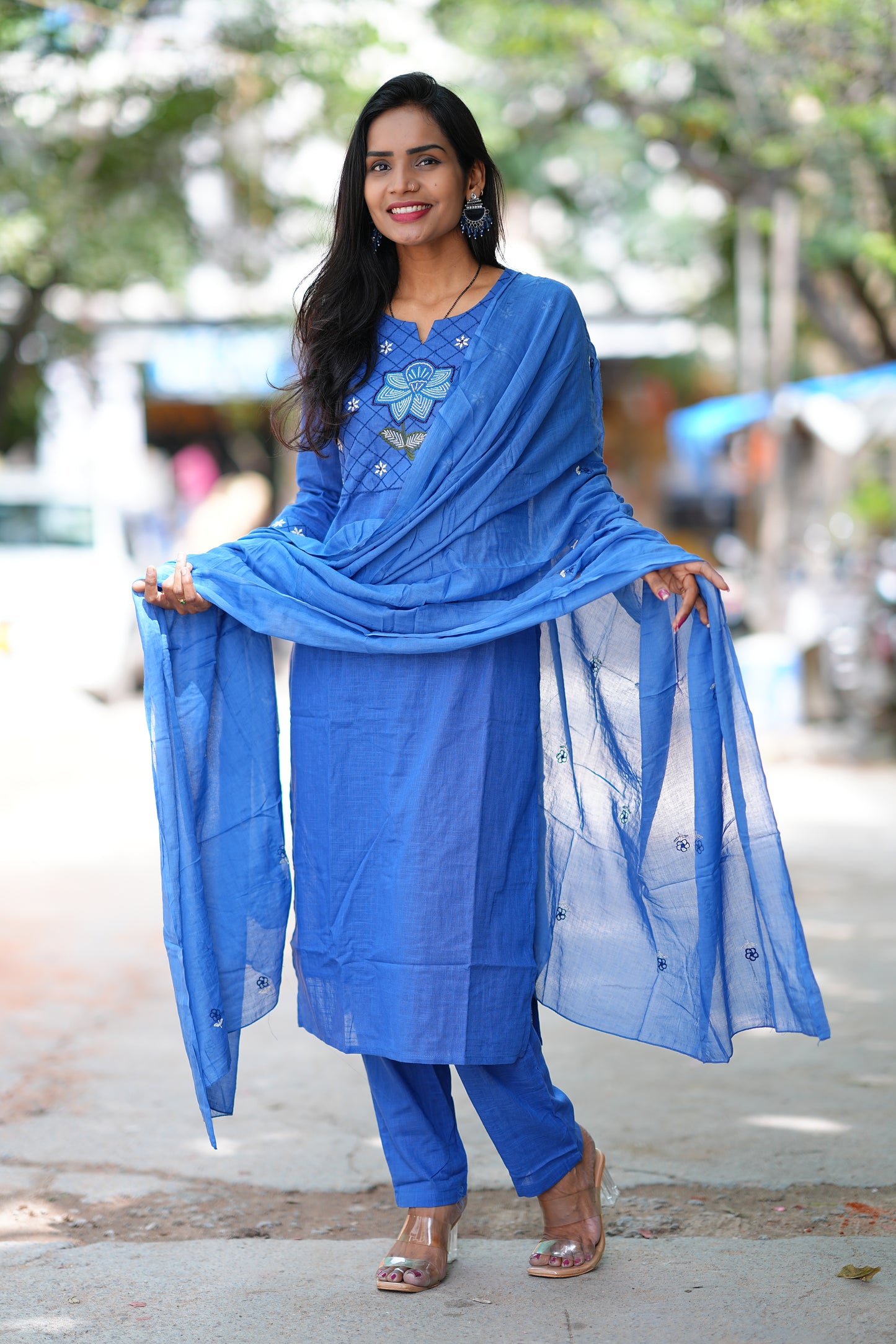 Indigo Blue Pure Jaipur Slub Cotton Thread Embriodary 3 Piece Set with Complete Lining