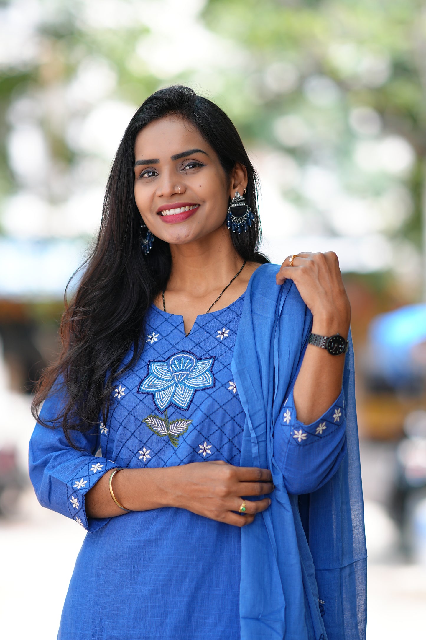 Indigo Blue Pure Jaipur Slub Cotton Thread Embriodary 3 Piece Set with Complete Lining