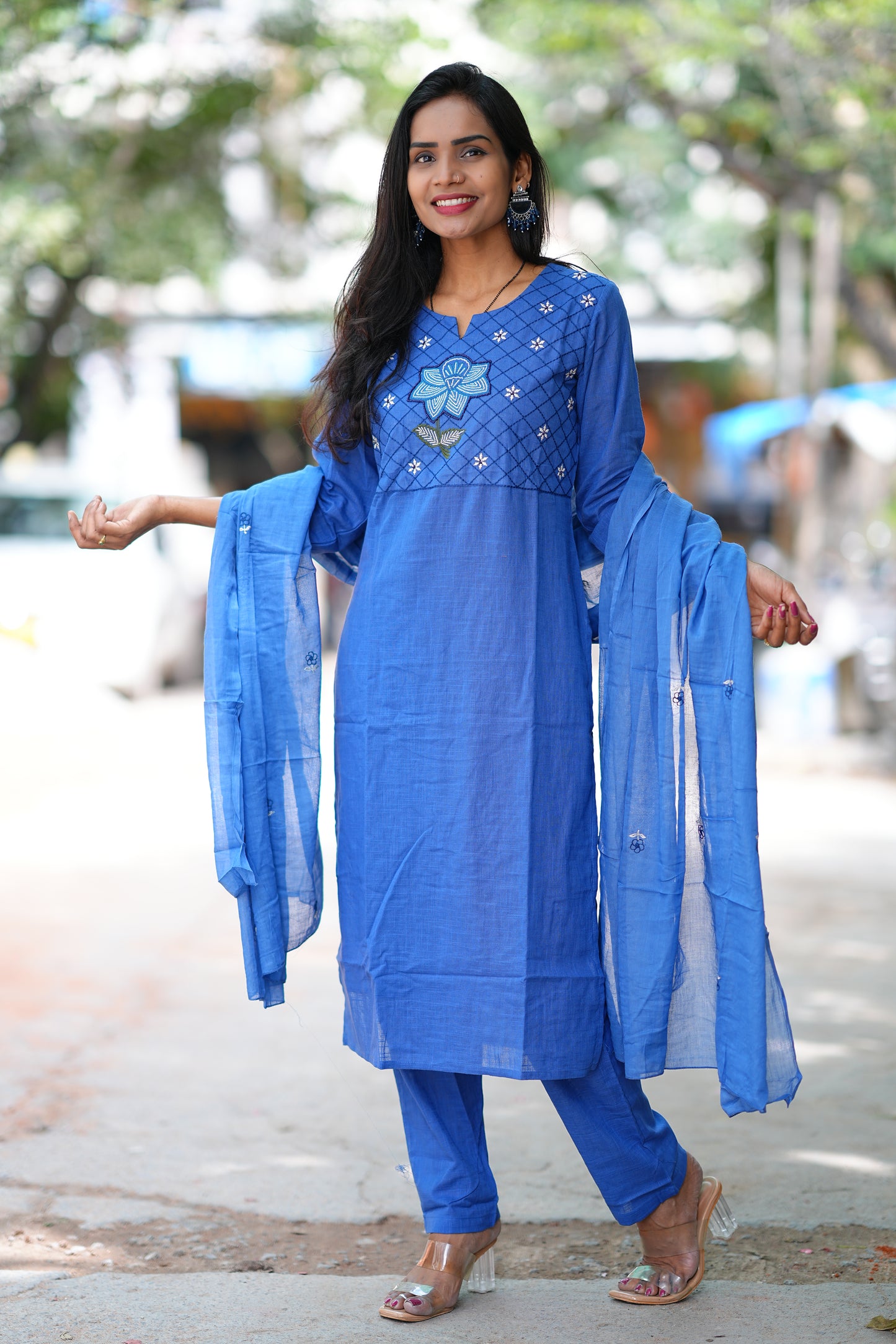 Indigo Blue Pure Jaipur Slub Cotton Thread Embriodary 3 Piece Set with Complete Lining