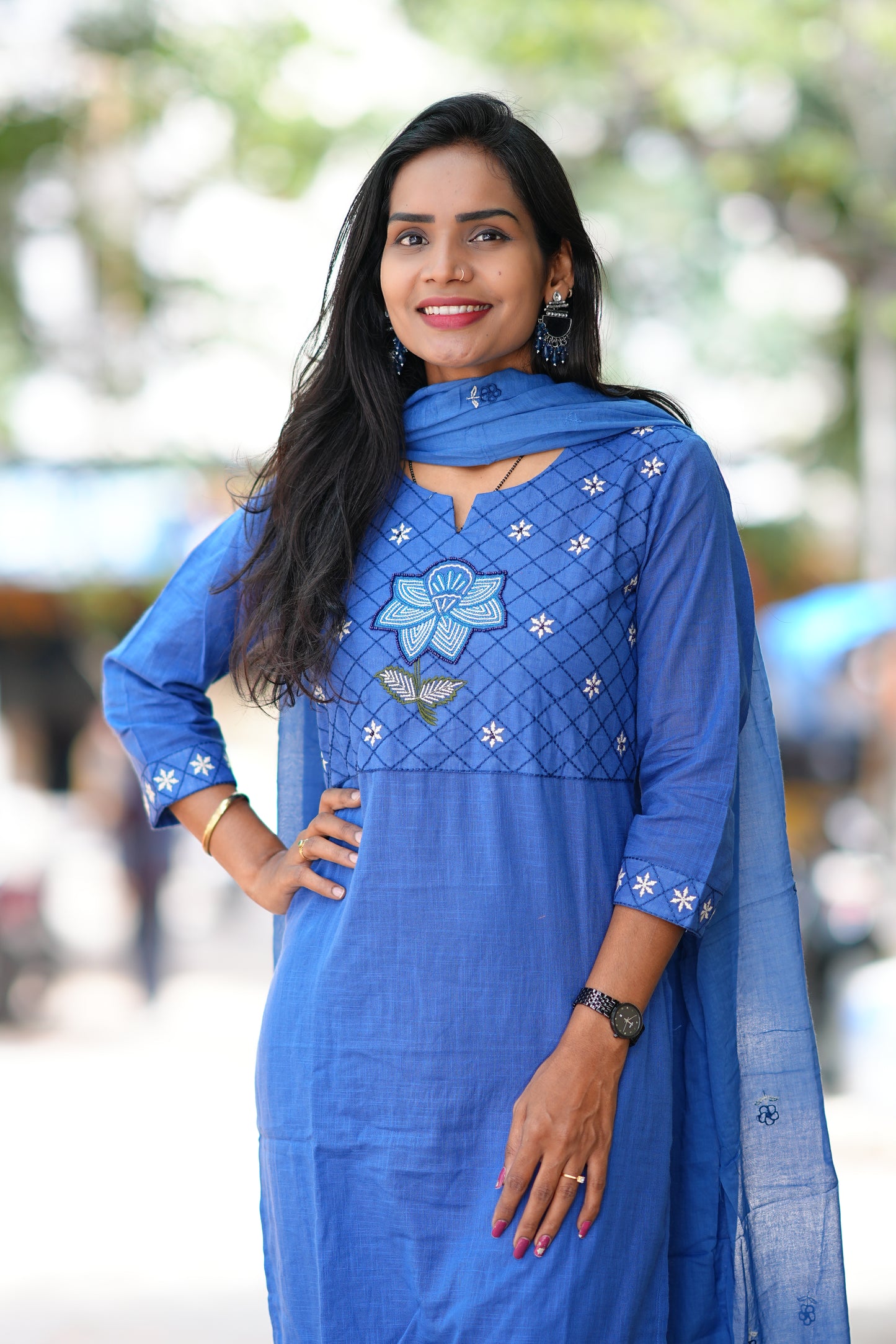 Indigo Blue Pure Jaipur Slub Cotton Thread Embriodary 3 Piece Set with Complete Lining