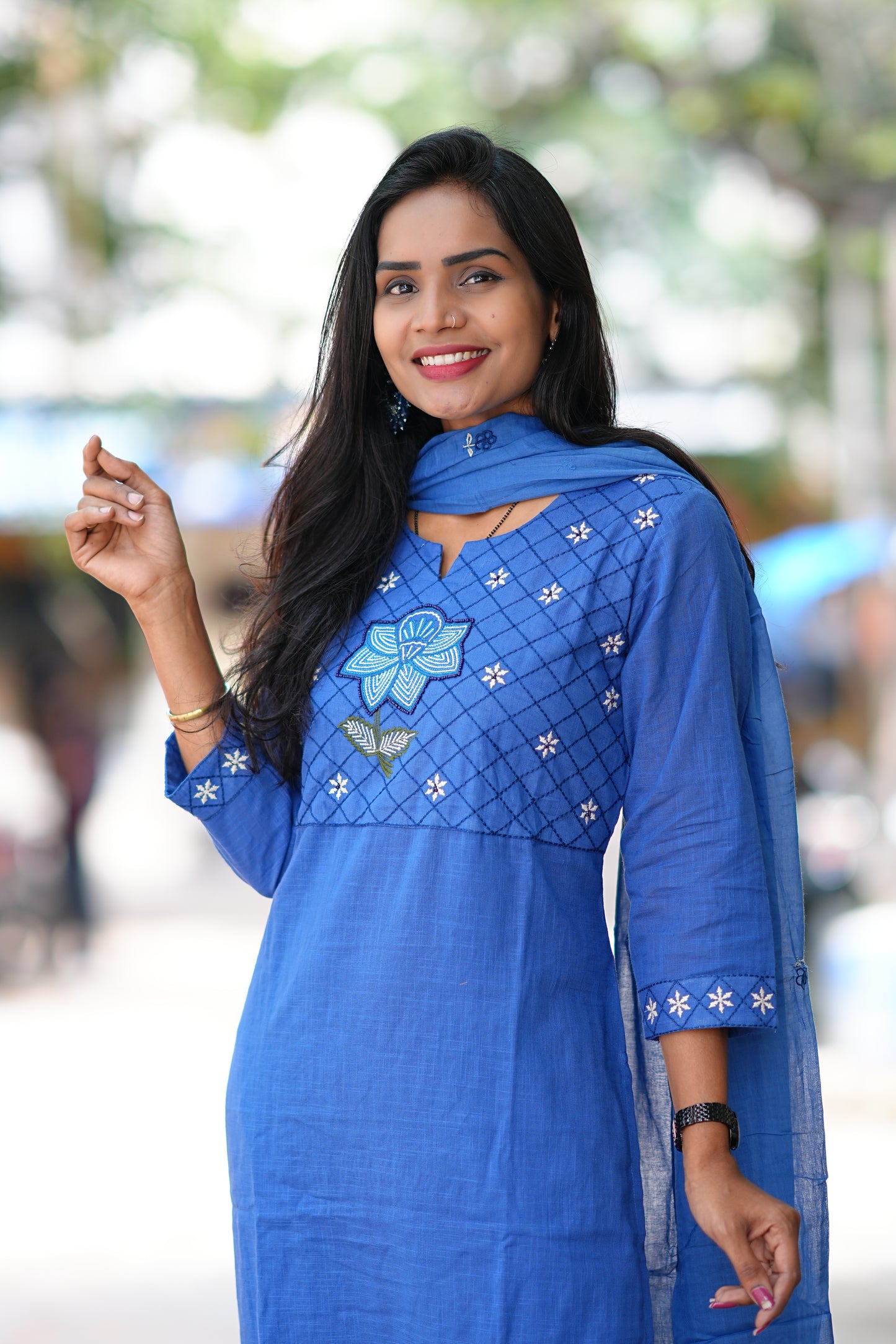 Indigo Blue Pure Jaipur Slub Cotton Thread Embriodary 3 Piece Set with Complete Lining