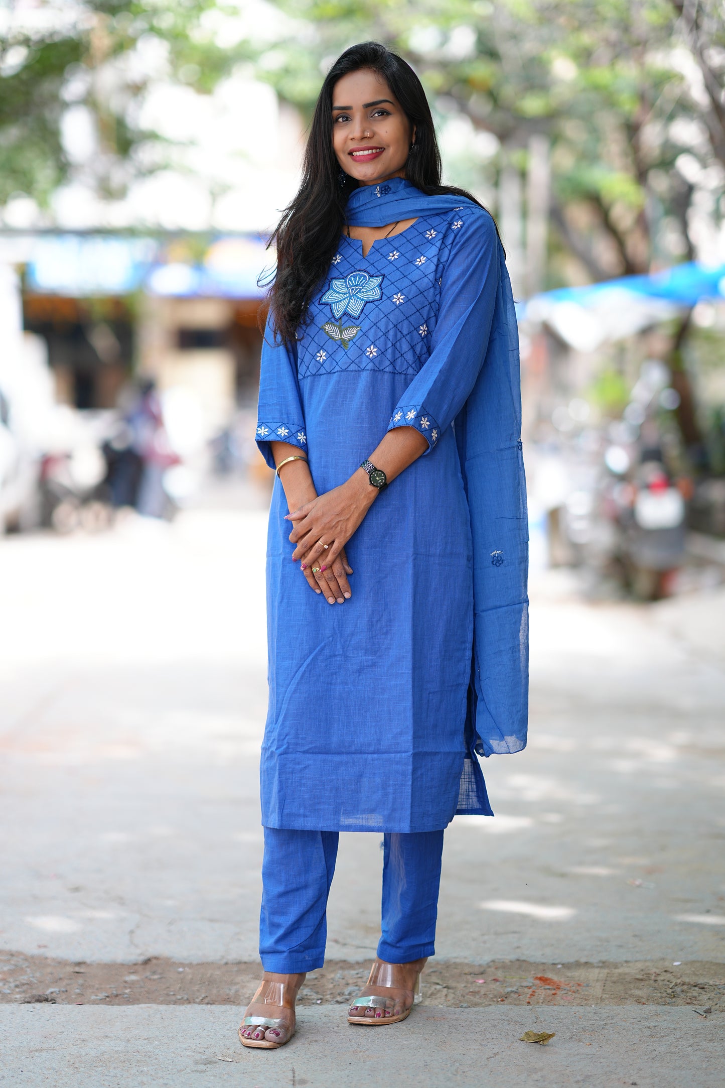 Indigo Blue Pure Jaipur Slub Cotton Thread Embriodary 3 Piece Set with Complete Lining