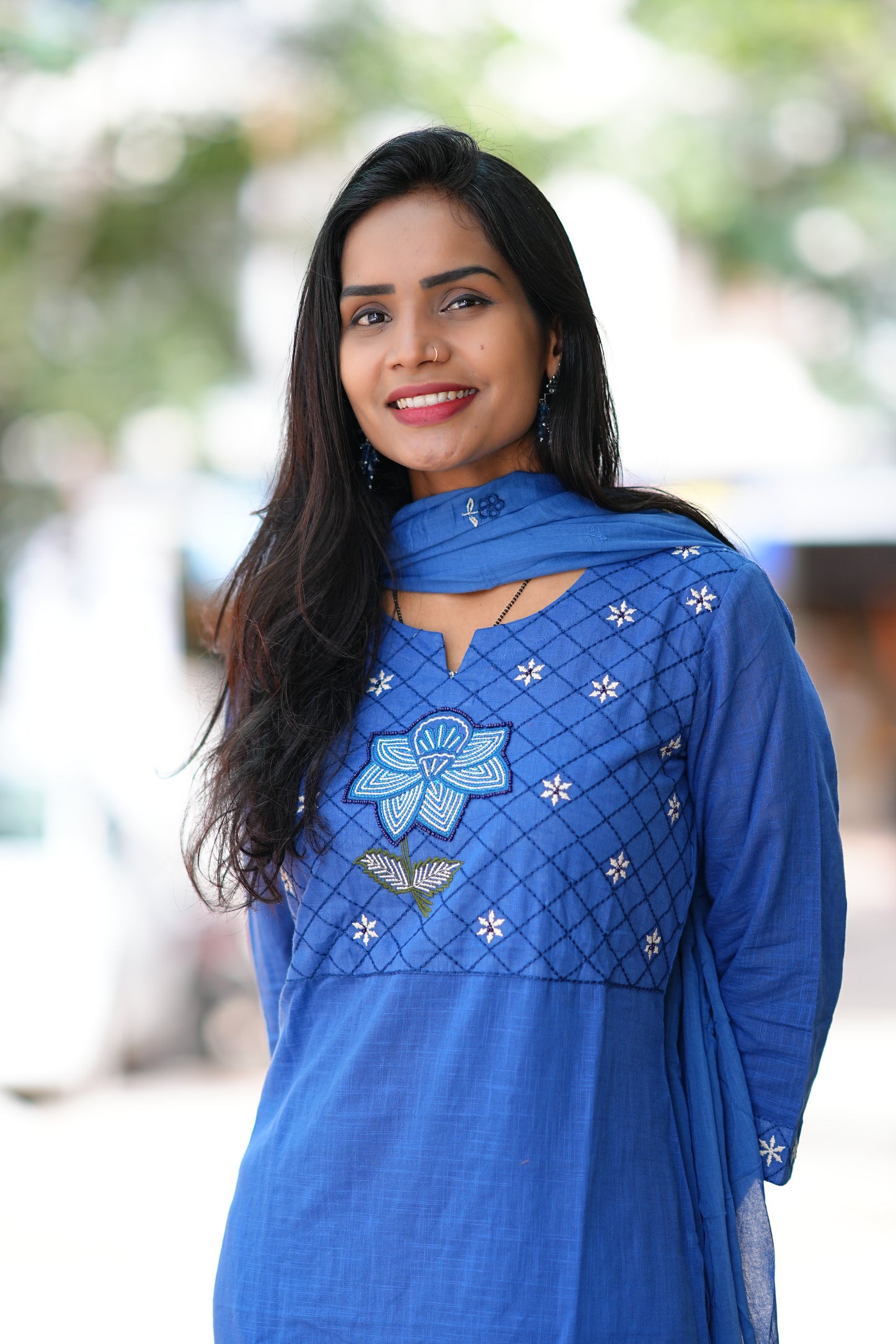 Indigo Blue Pure Jaipur Slub Cotton Thread Embriodary 3 Piece Set with Complete Lining