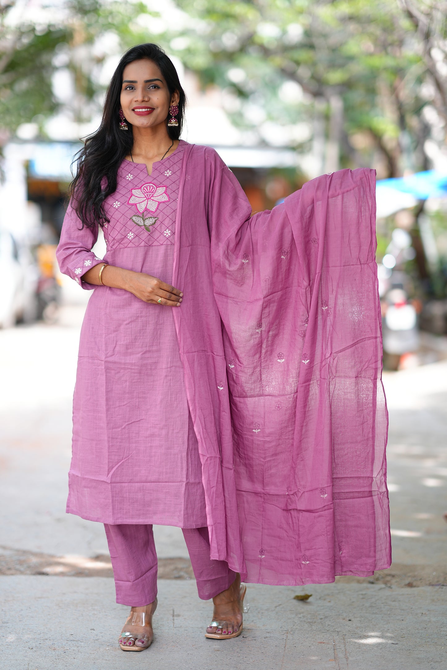 Onion Pink Pure Jaipur Slub Cotton Thread Embriodary 3 Piece Set with Complete Lining