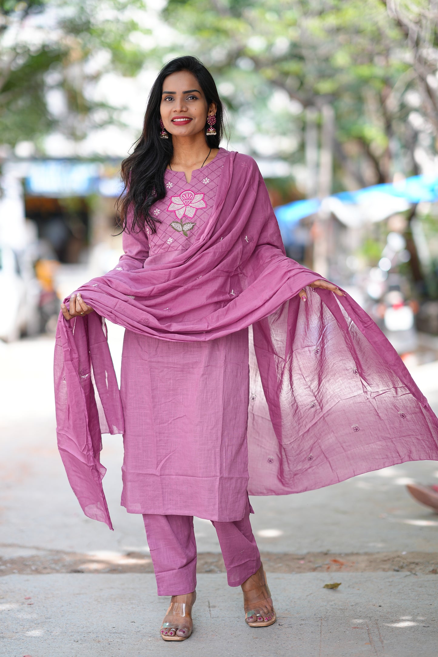 Onion Pink Pure Jaipur Slub Cotton Thread Embriodary 3 Piece Set with Complete Lining