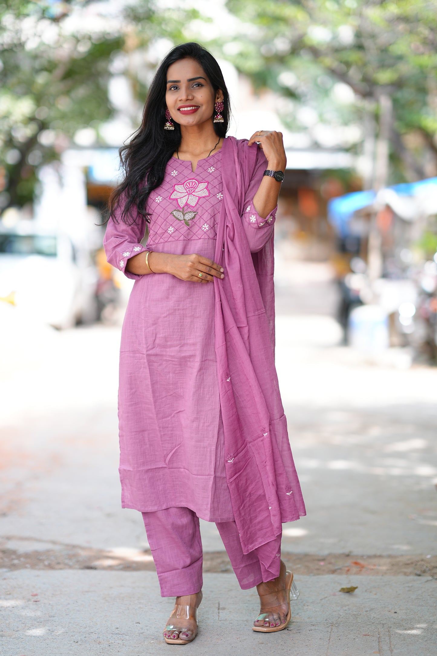 Onion Pink Pure Jaipur Slub Cotton Thread Embriodary 3 Piece Set with Complete Lining