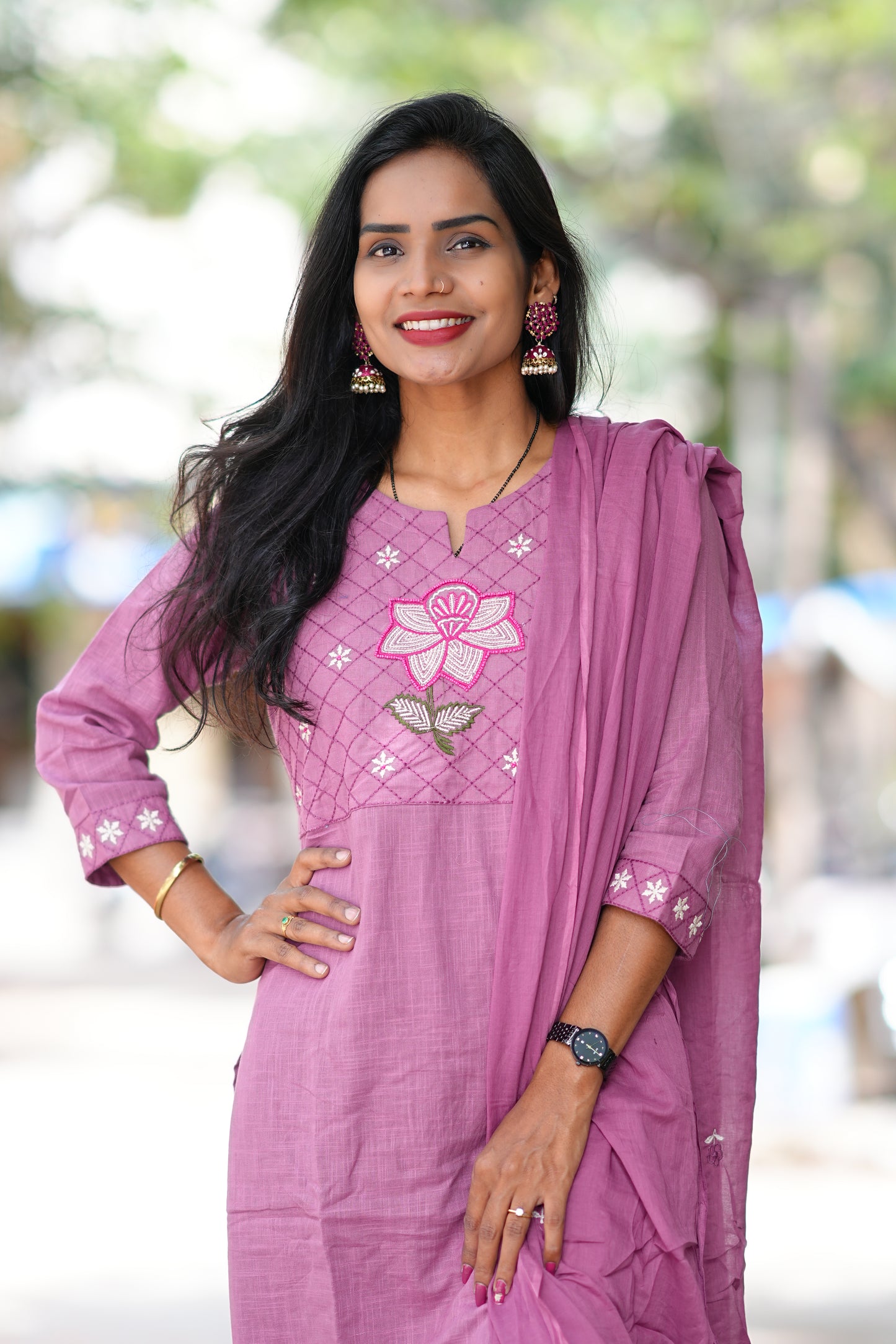 Onion Pink Pure Jaipur Slub Cotton Thread Embriodary 3 Piece Set with Complete Lining