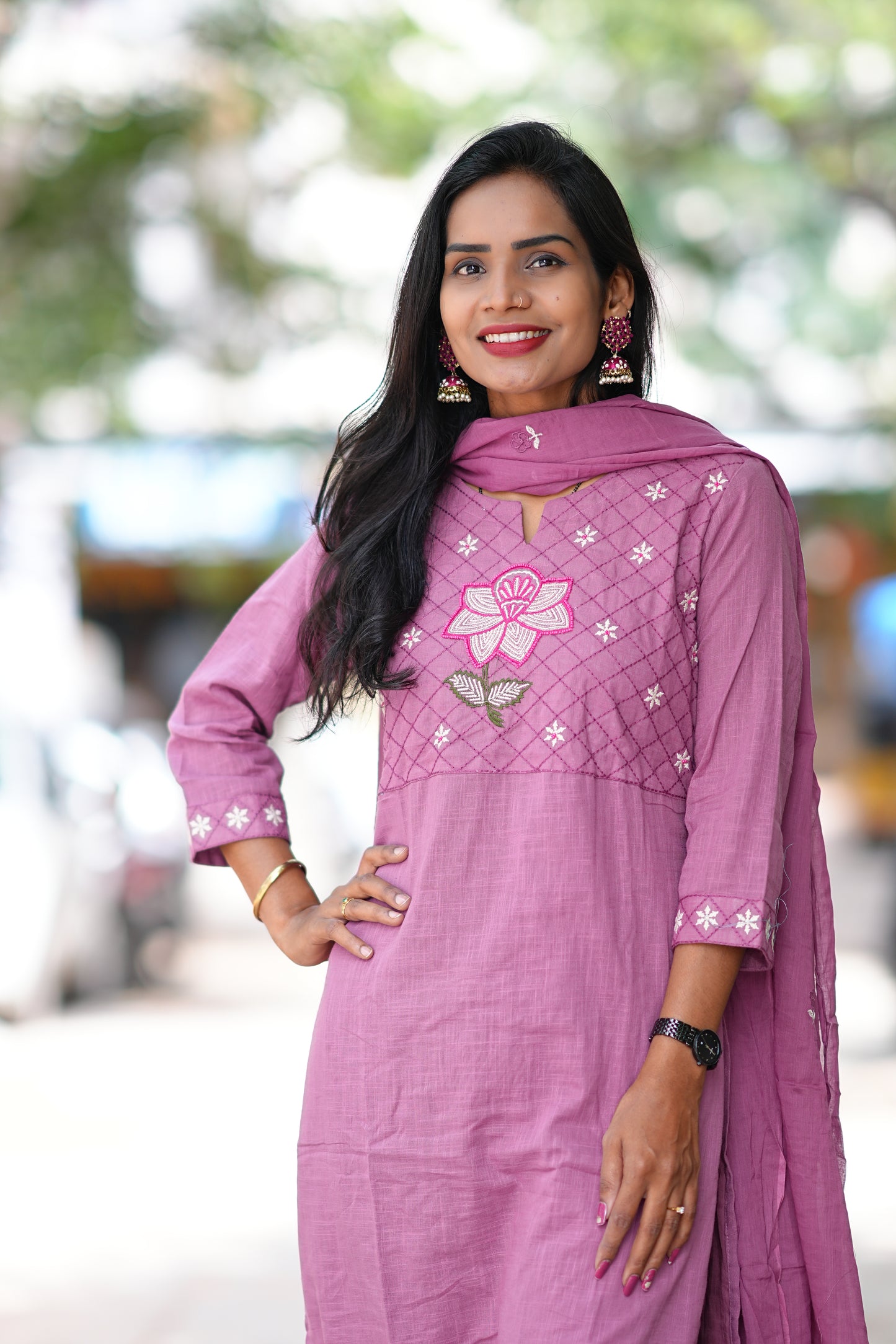 Onion Pink Pure Jaipur Slub Cotton Thread Embriodary 3 Piece Set with Complete Lining