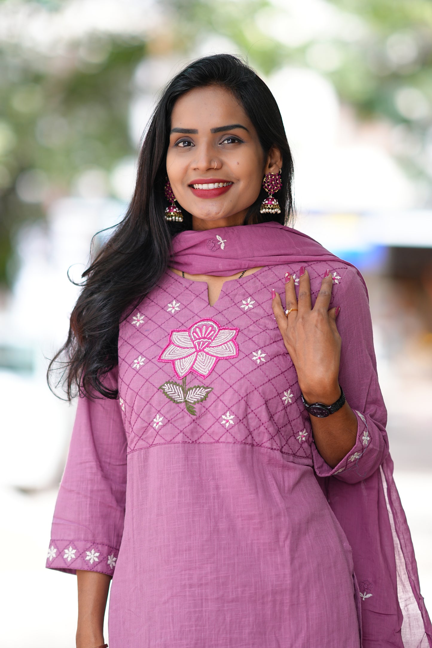 Onion Pink Pure Jaipur Slub Cotton Thread Embriodary 3 Piece Set with Complete Lining