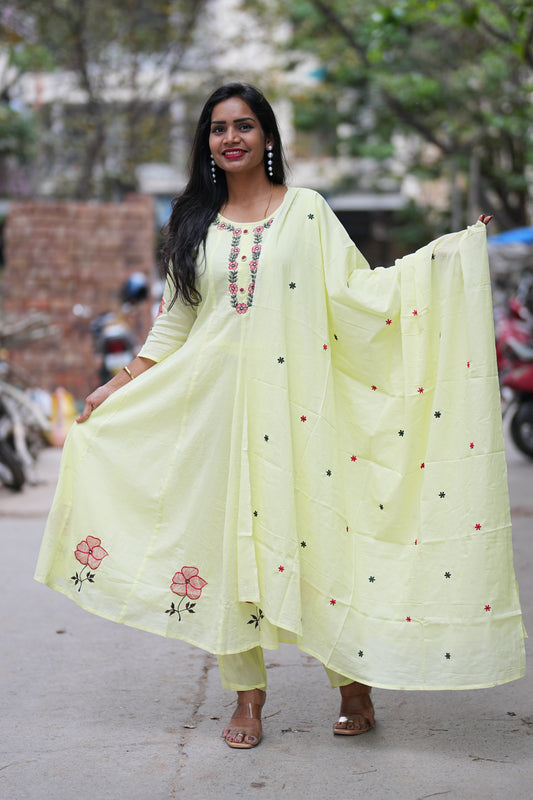 Lime yellow Mul cotton 3 Piece Set With Half Lining
