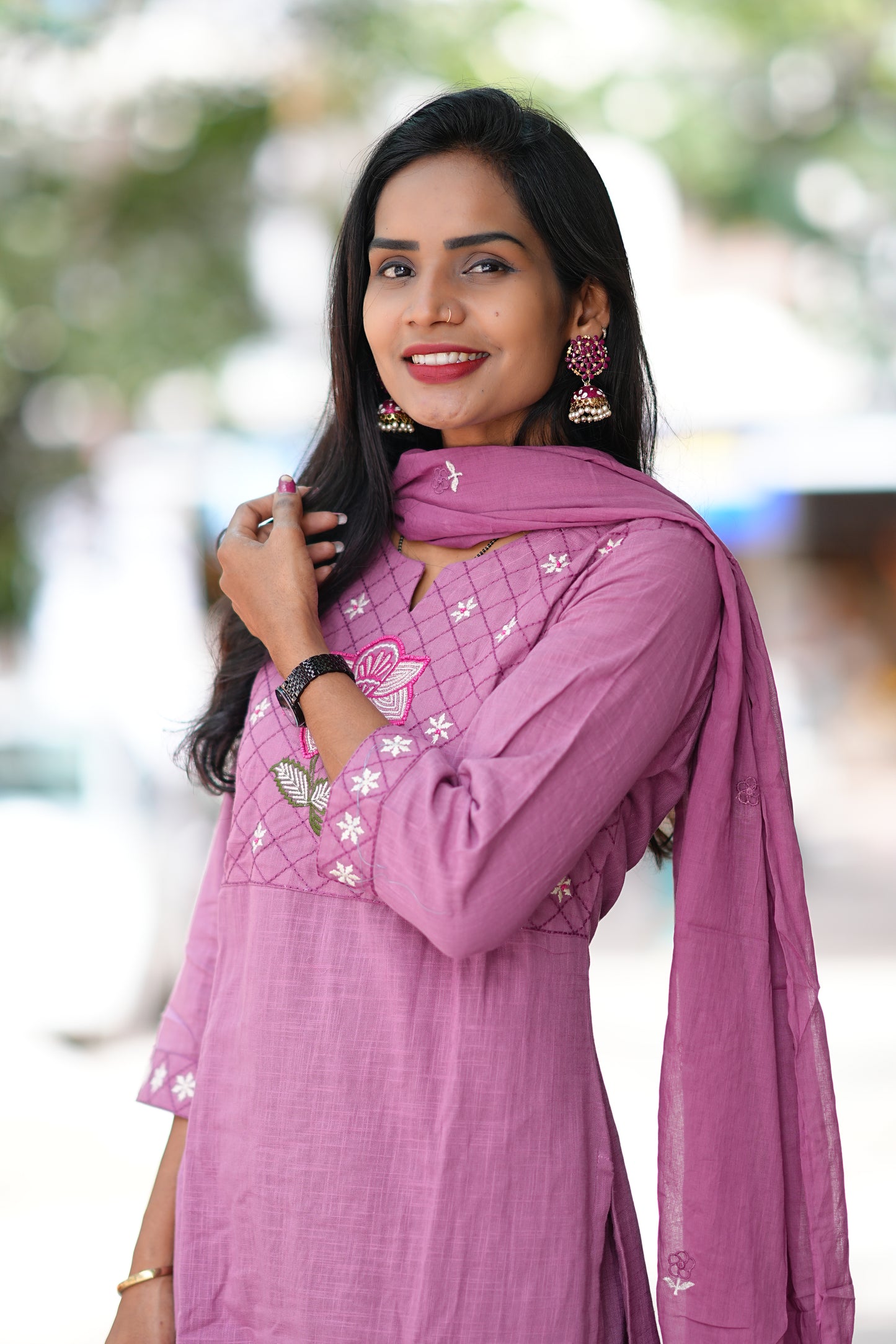 Onion Pink Pure Jaipur Slub Cotton Thread Embriodary 3 Piece Set with Complete Lining