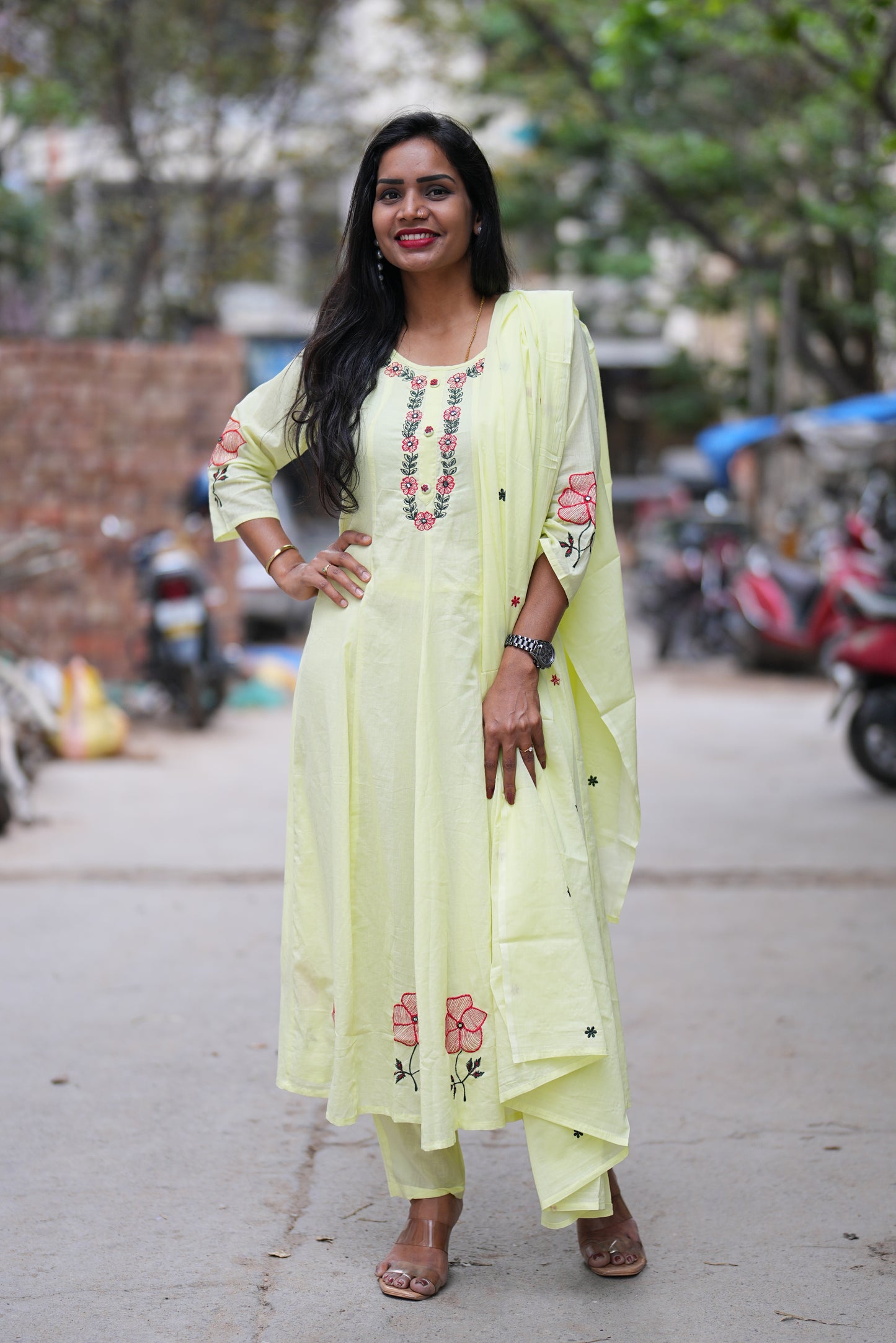 Lime yellow Mul cotton 3 Piece Set With Half Lining