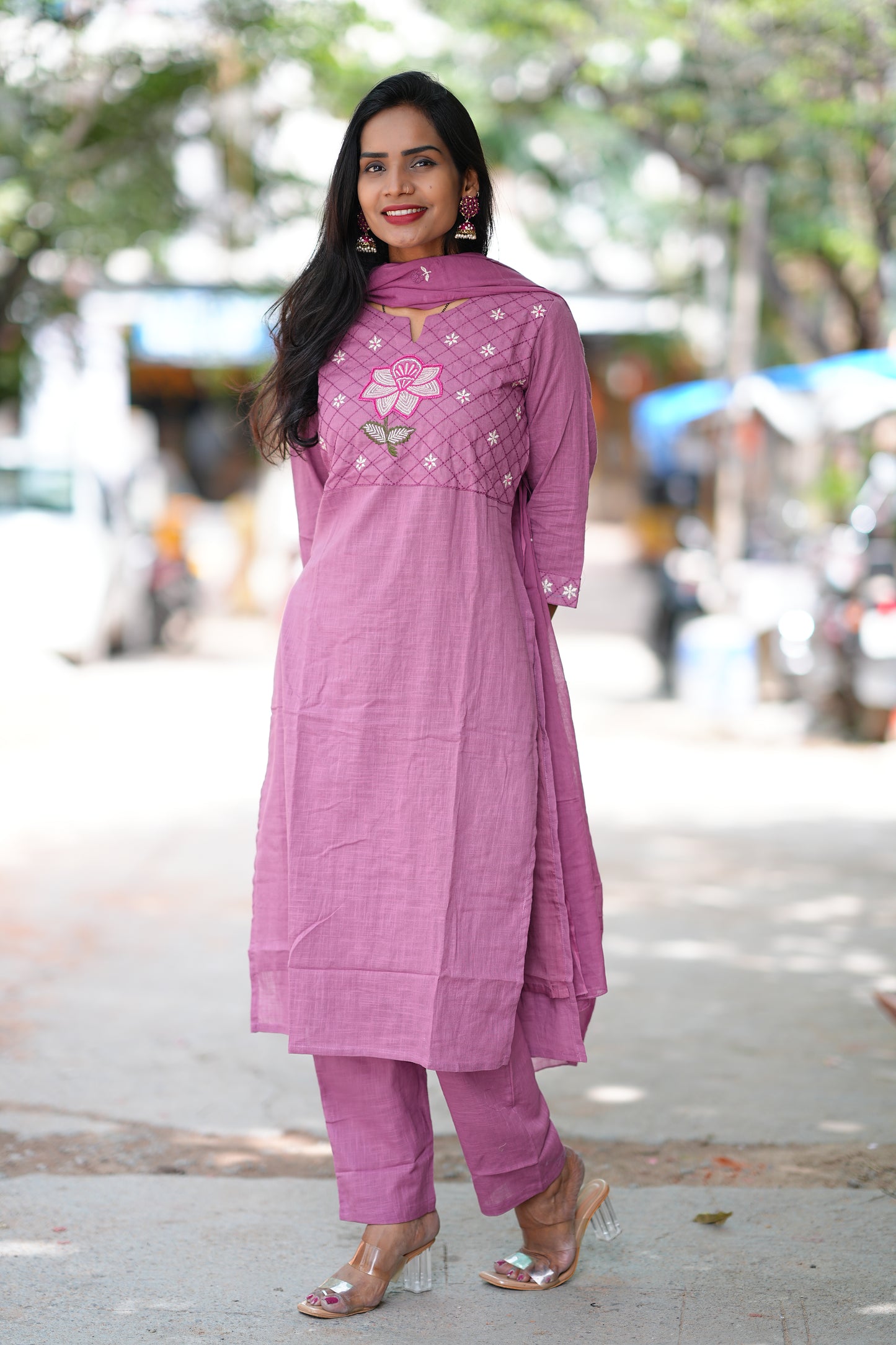 Onion Pink Pure Jaipur Slub Cotton Thread Embriodary 3 Piece Set with Complete Lining