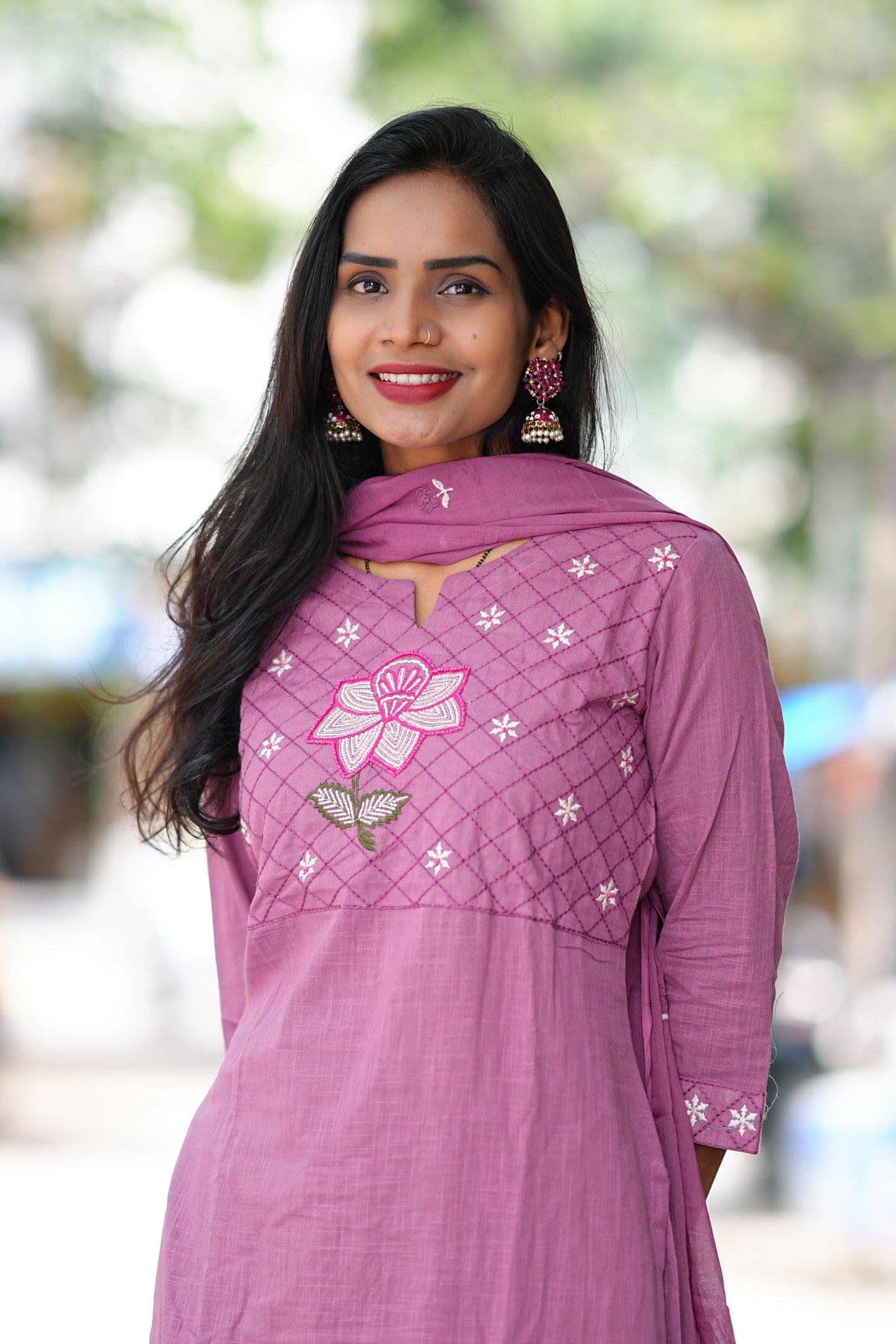 Onion Pink Pure Jaipur Slub Cotton Thread Embriodary 3 Piece Set with Complete Lining