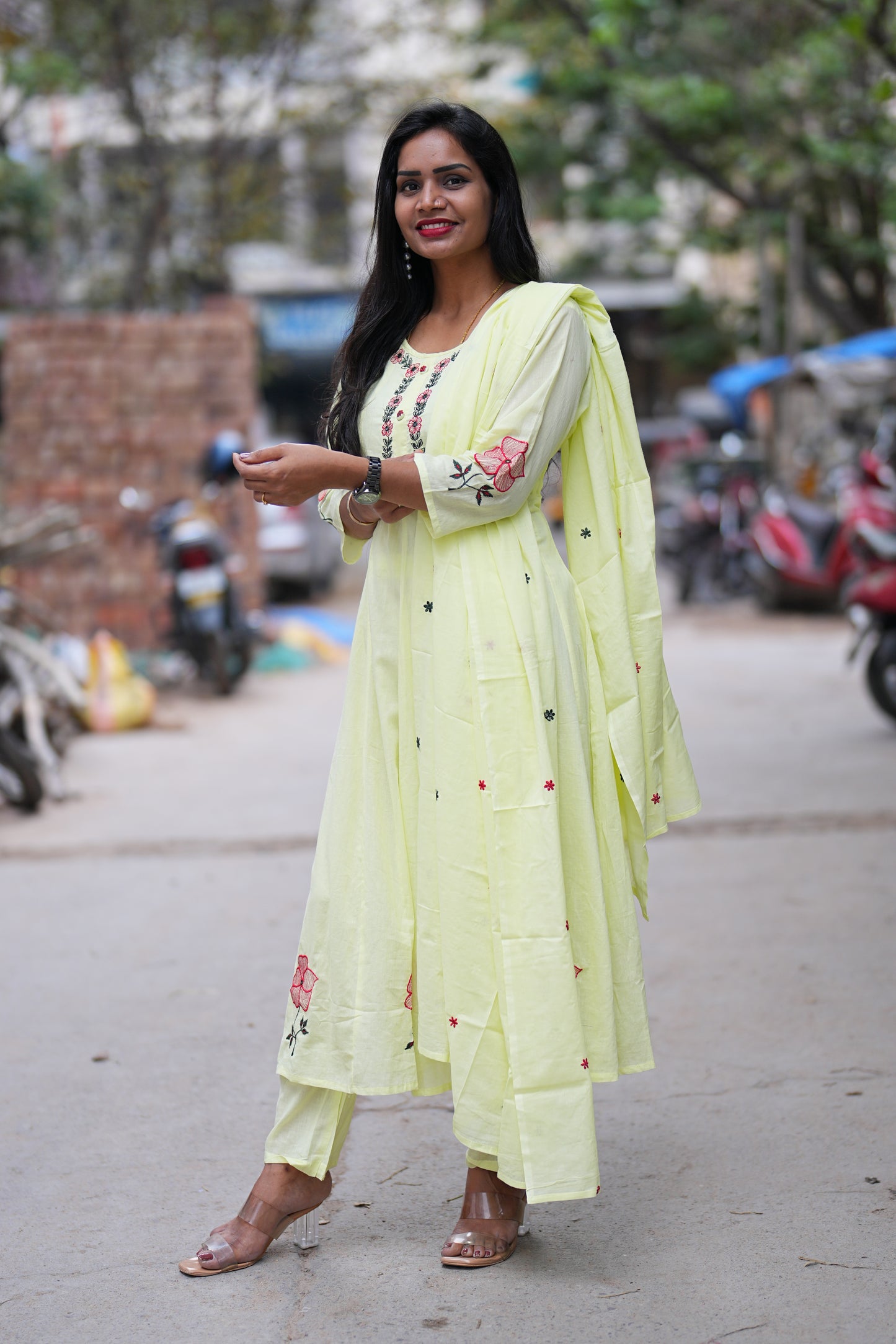 Lime yellow Mul cotton 3 Piece Set With Half Lining