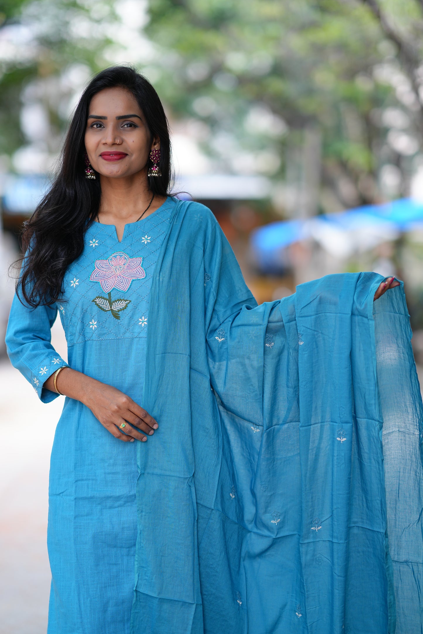 Sky Blue Pure Jaipur Slub Cotton Thread Embriodary 3 Piece Set with Complete Lining