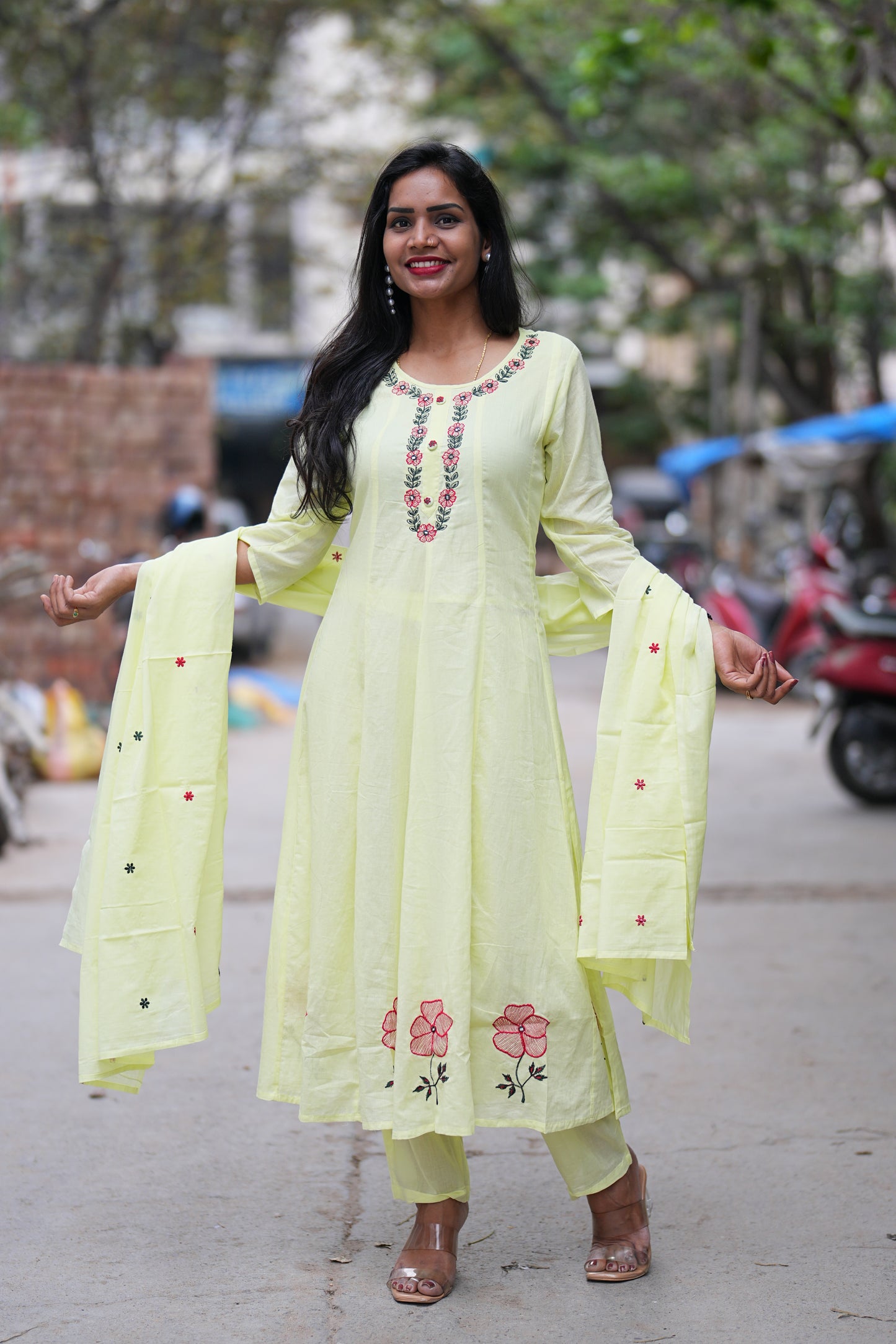 Lime yellow Mul cotton 3 Piece Set With Half Lining