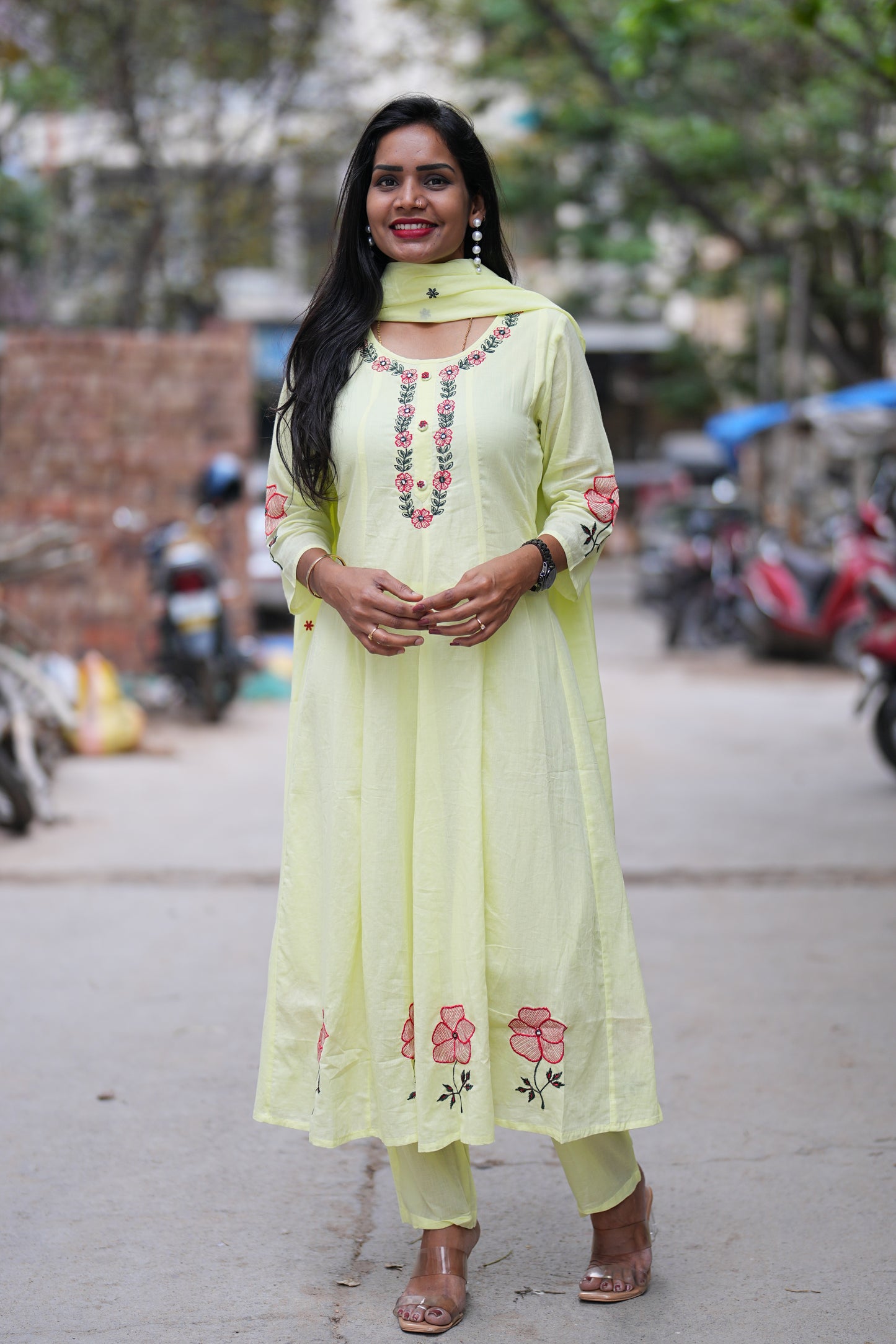 Lime yellow Mul cotton 3 Piece Set With Half Lining