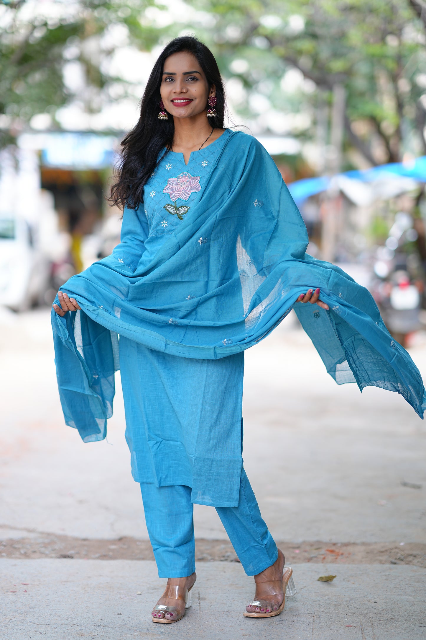 Sky Blue Pure Jaipur Slub Cotton Thread Embriodary 3 Piece Set with Complete Lining