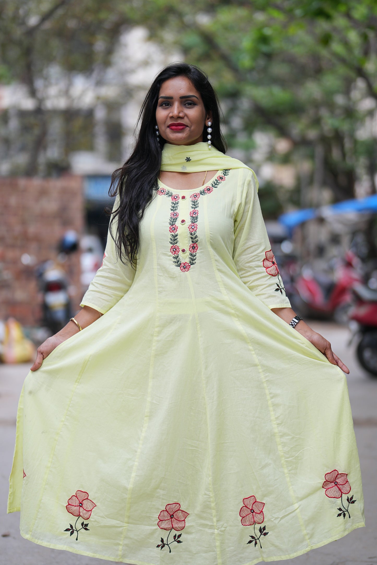 Lime yellow Mul cotton 3 Piece Set With Half Lining