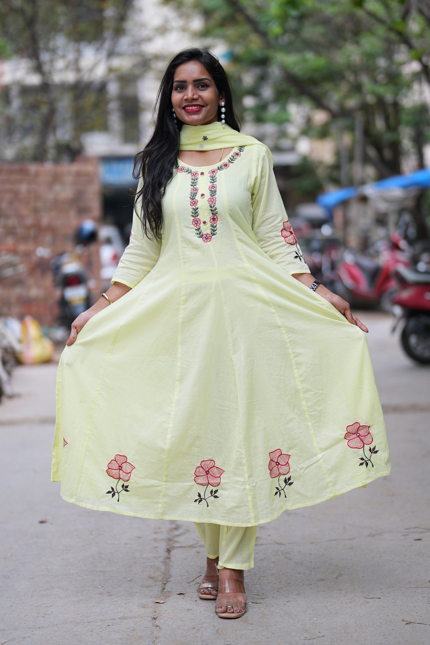 Lime yellow Mul cotton 3 Piece Set With Half Lining