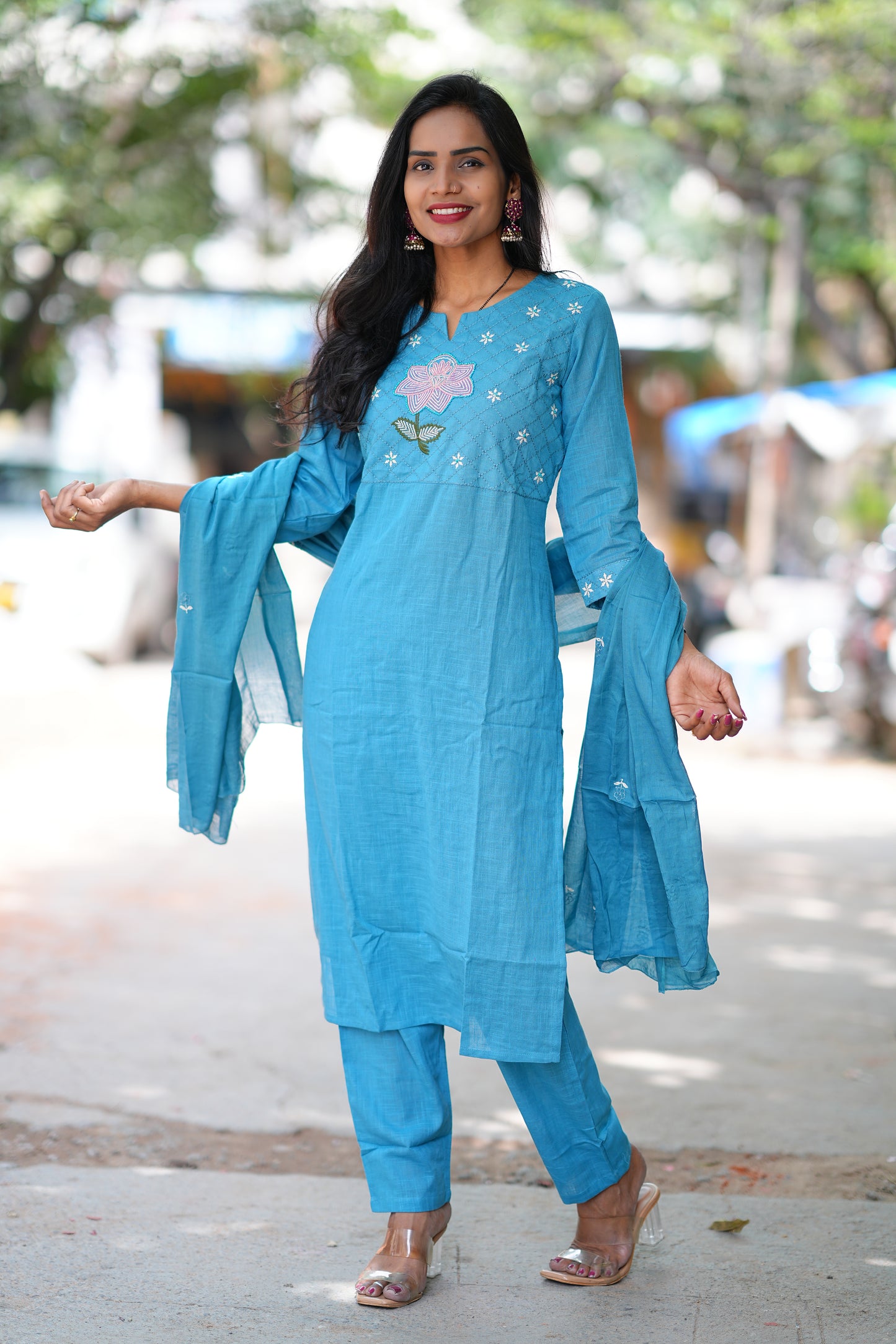 Sky Blue Pure Jaipur Slub Cotton Thread Embriodary 3 Piece Set with Complete Lining