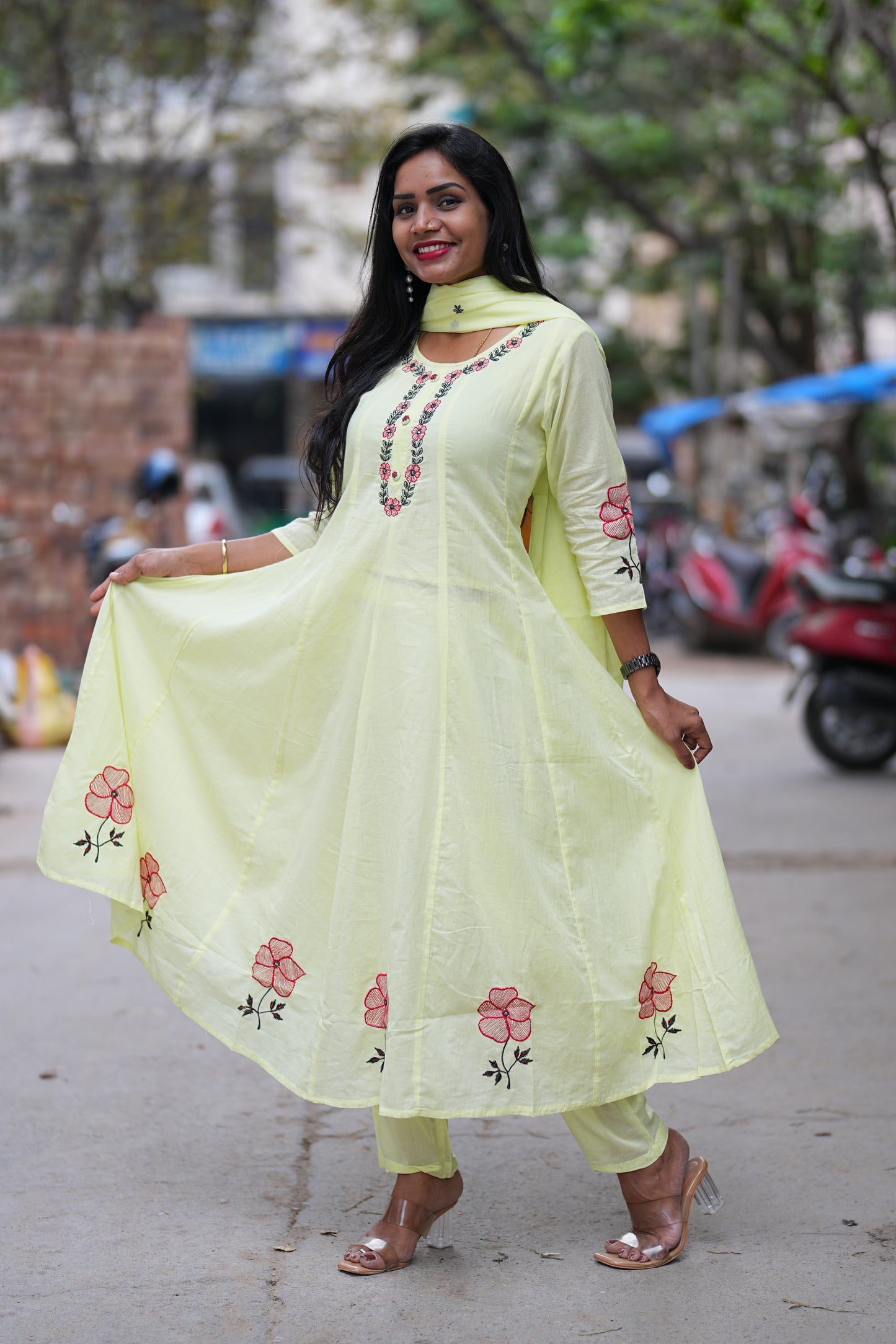 Lime yellow Mul cotton 3 Piece Set With Half Lining