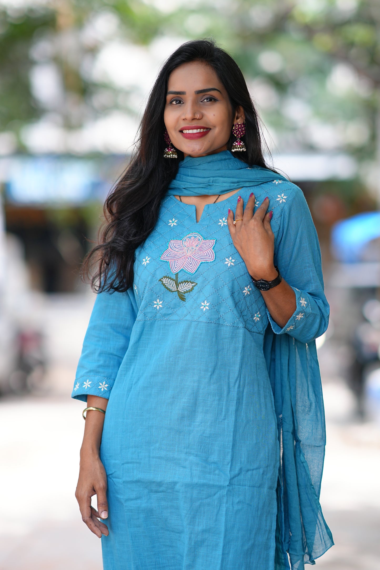 Sky Blue Pure Jaipur Slub Cotton Thread Embriodary 3 Piece Set with Complete Lining