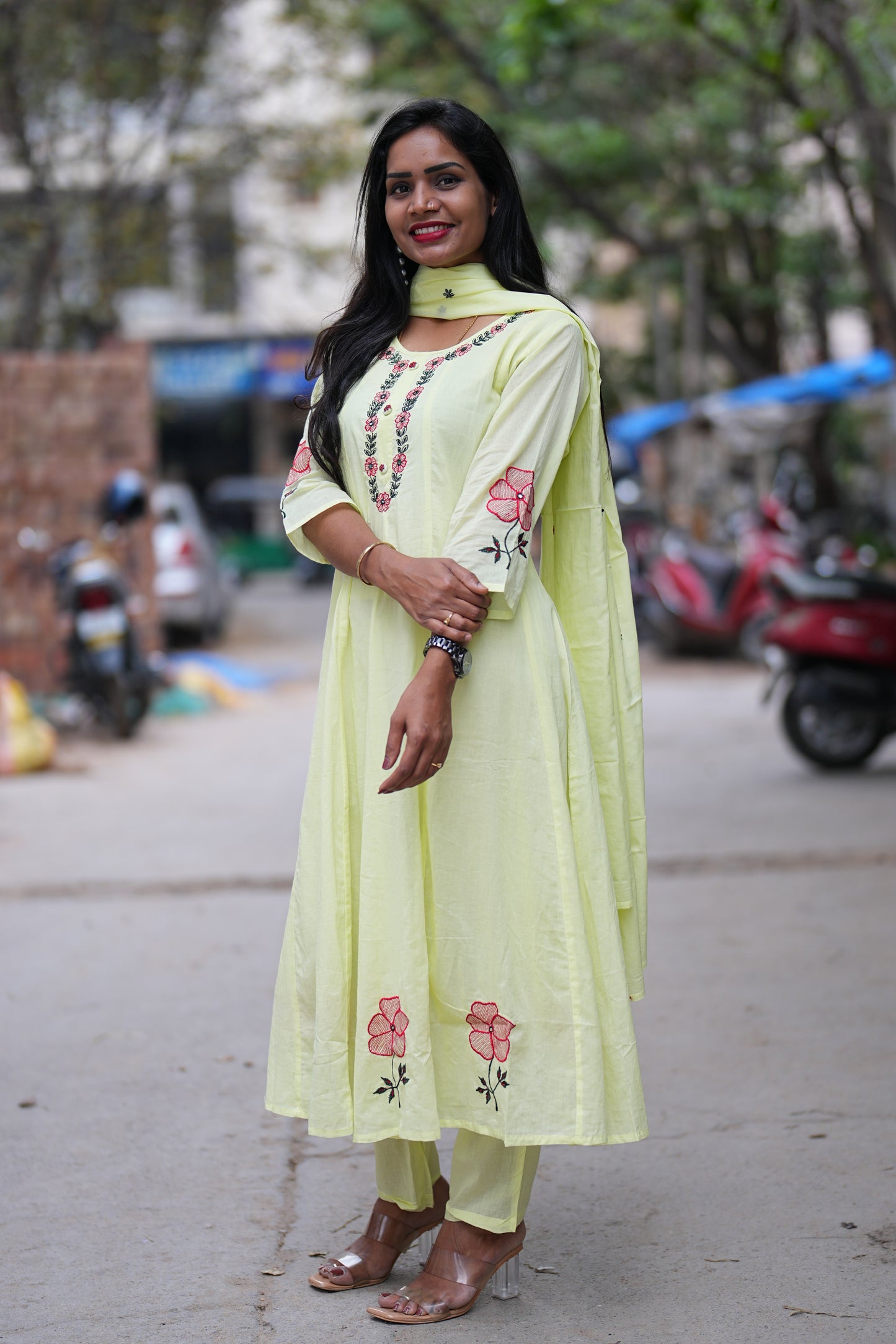Lime yellow Mul cotton 3 Piece Set With Half Lining