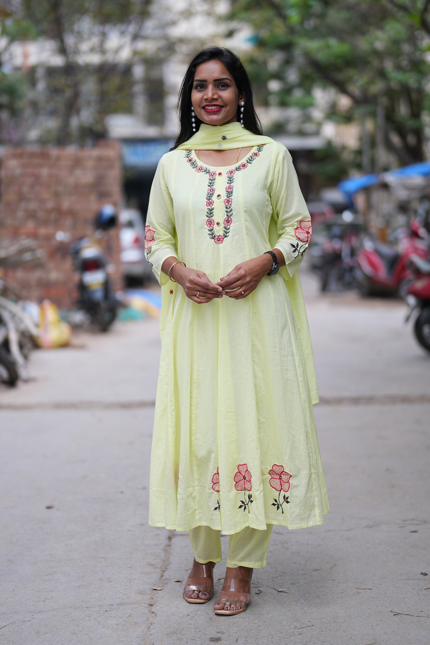 Lime yellow Mul cotton 3 Piece Set With Half Lining