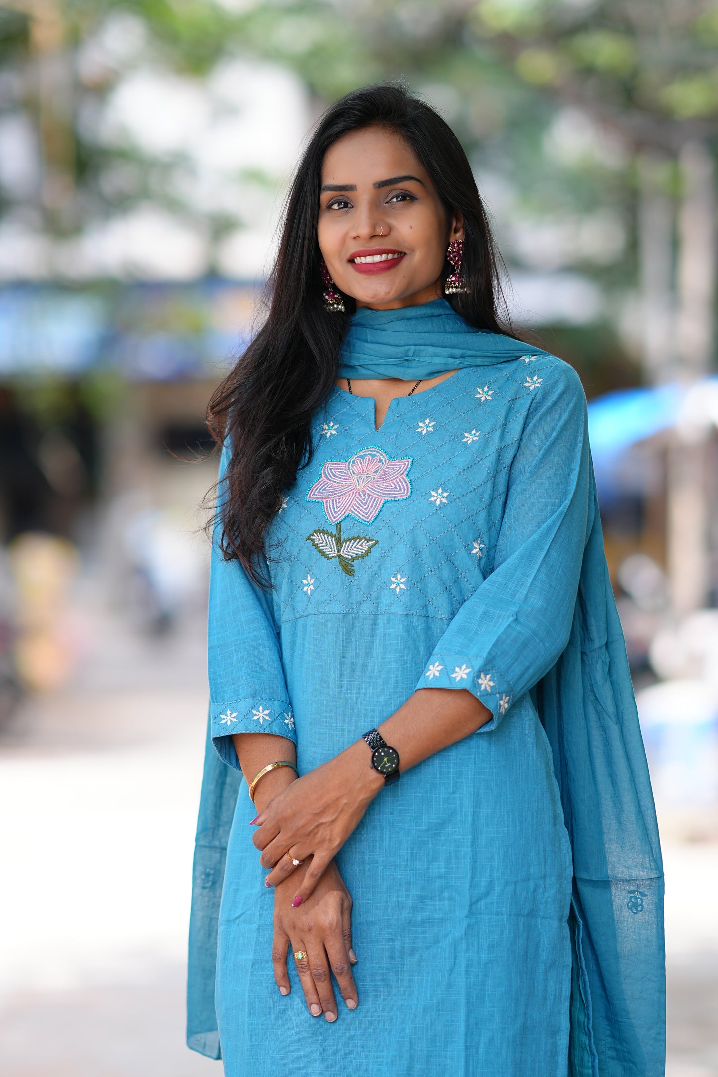 Sky Blue Pure Jaipur Slub Cotton Thread Embriodary 3 Piece Set with Complete Lining