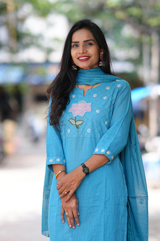 Sky Blue Pure Jaipur Slub Cotton Thread Embriodary 3 Piece Set with Complete Lining