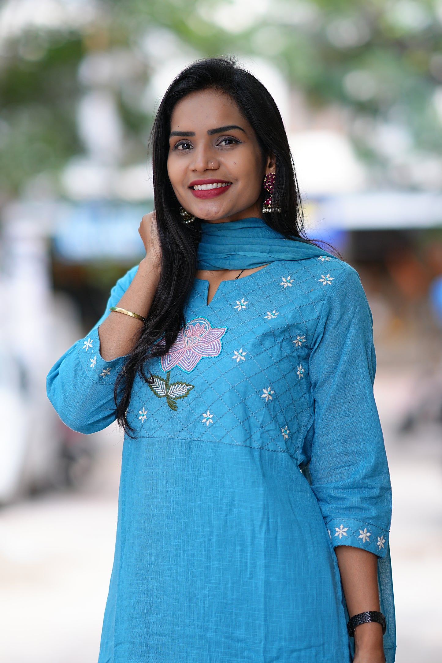 Sky Blue Pure Jaipur Slub Cotton Thread Embriodary 3 Piece Set with Complete Lining