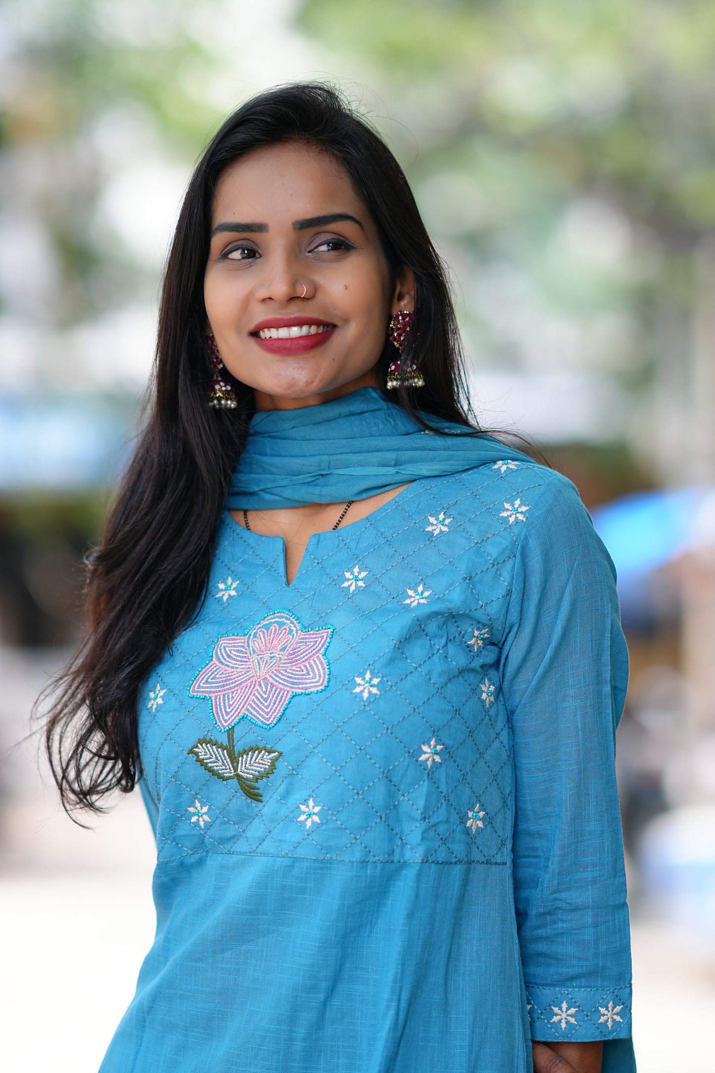 Sky Blue Pure Jaipur Slub Cotton Thread Embriodary 3 Piece Set with Complete Lining