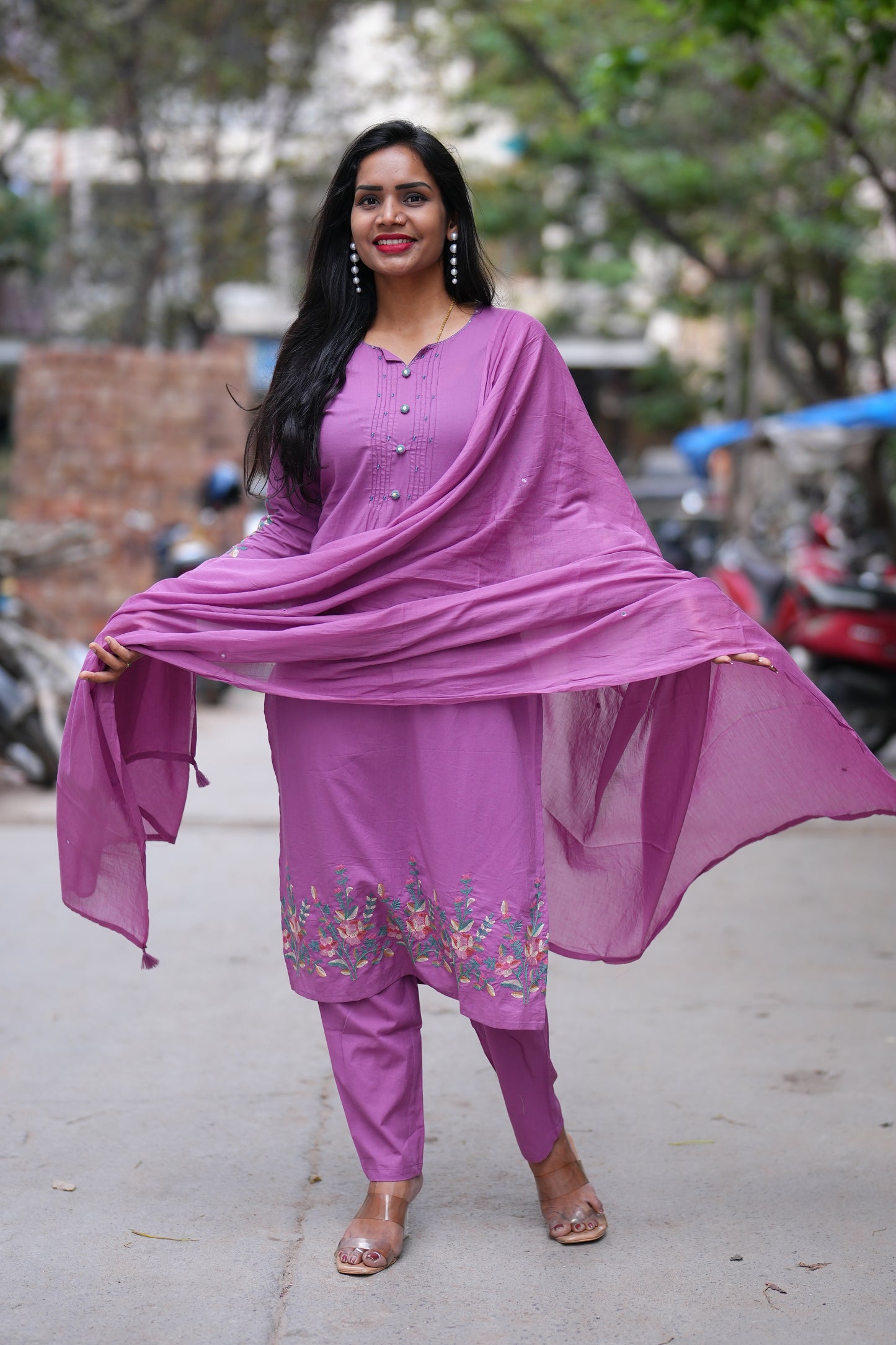 Purple Color Office Wear 3 Piece Set With Embroidery Work