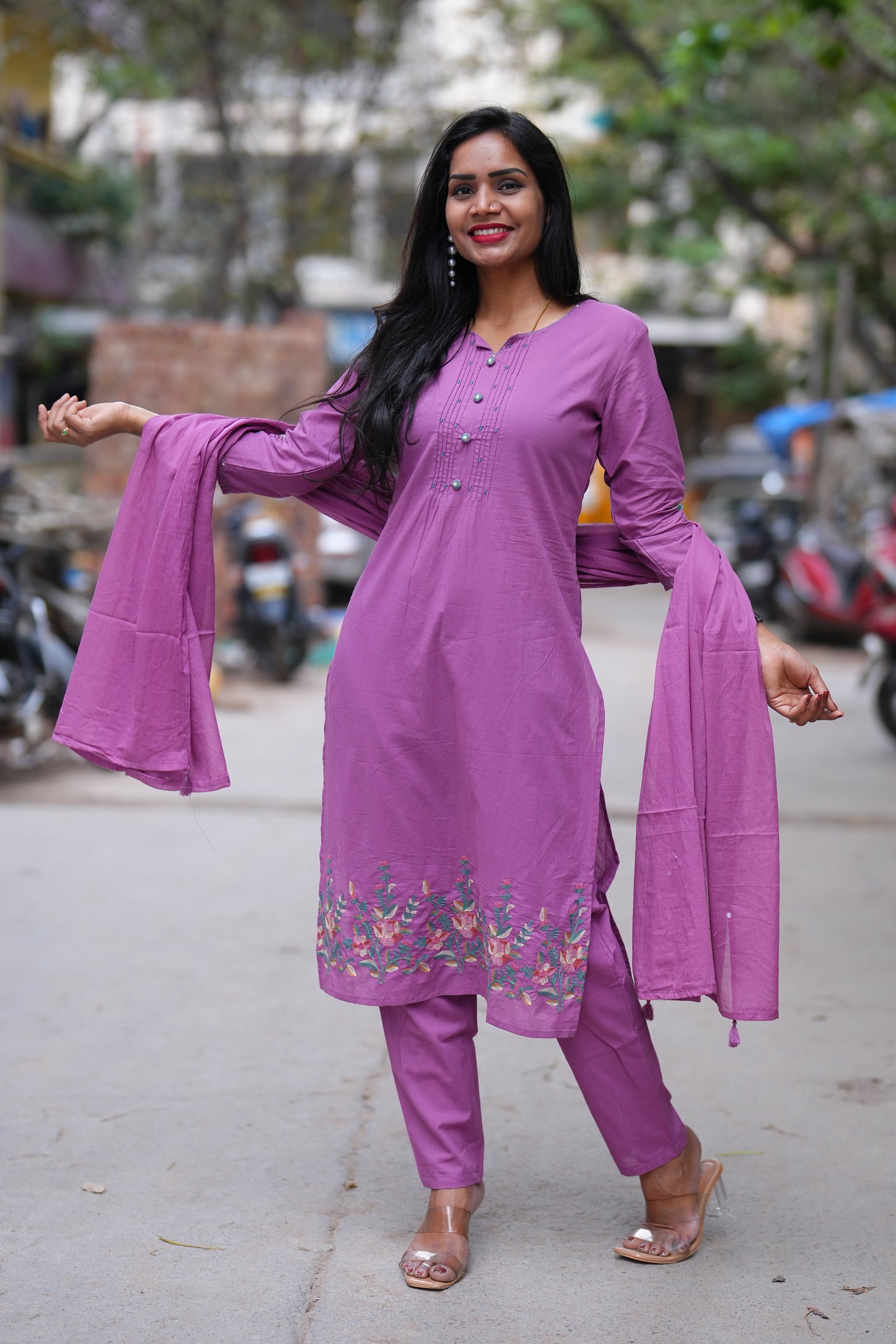 Purple Color Office Wear 3 Piece Set With Embroidery Work